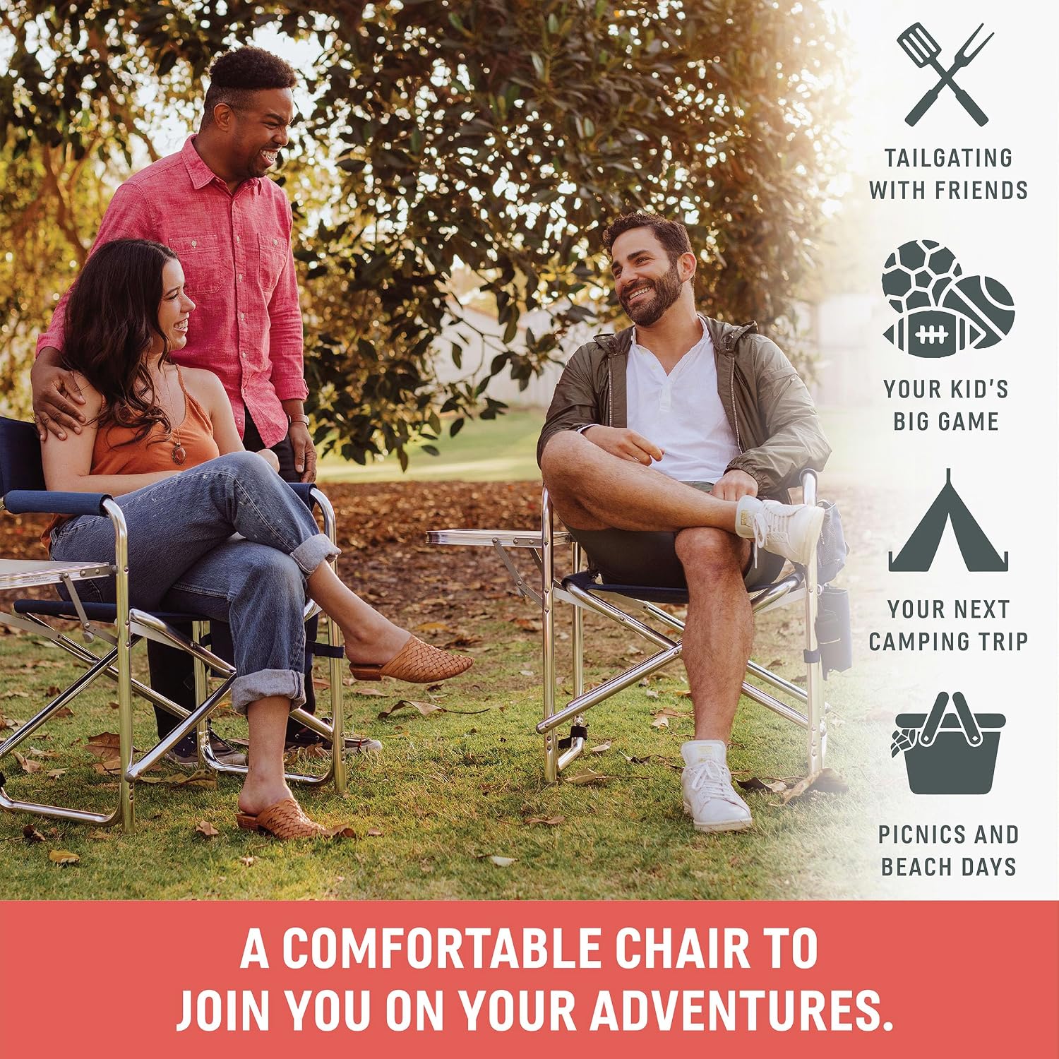 PICNIC TIME Sports Chair with Side Table and Armrest Caddy, Lightweight Aluminum Folding Outdoor Camping Chair for Adults, Portable Director Style Lawn Seating with Pockets & Carry Strap, (Red)