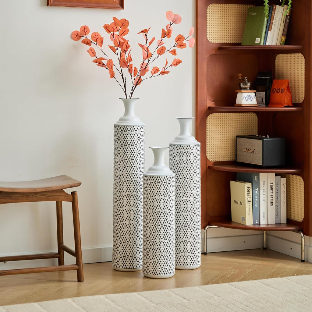 Tall Floor Vases Set of 3 - Modern White Metal Vases with Black Geometric Pattern, Decorative Cylinder Vase for Living Room, Home Decor, Entryway & Wedding Centerpieces (White+Black Rhombus)