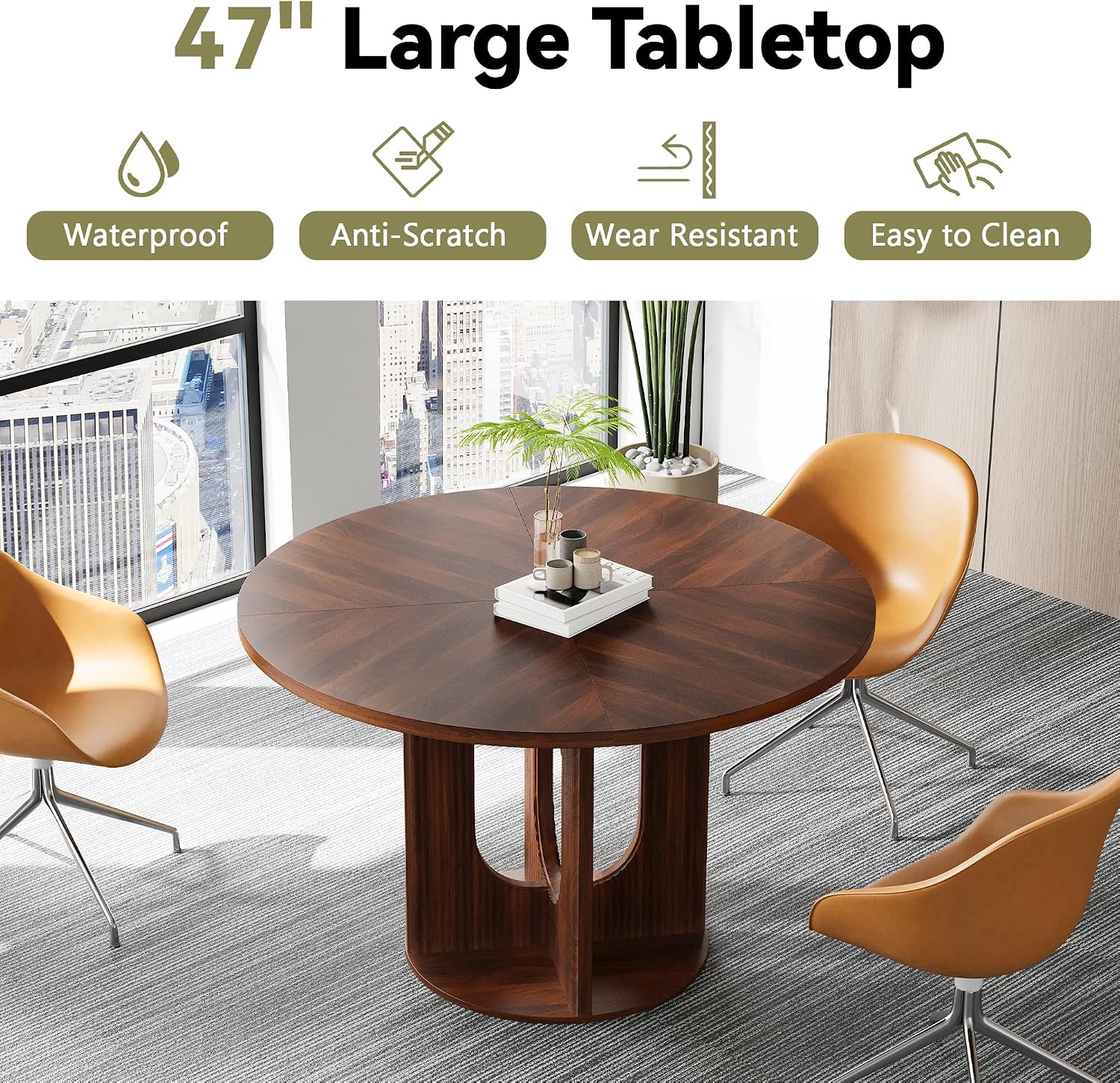 weselon Farmhouse Round Fluted Dining Table for 4, 47 Inch Circle Kitchen Table with Wooden Pedestal Base, Dinner Tables for Home Living Room Kitchen (Walnut)