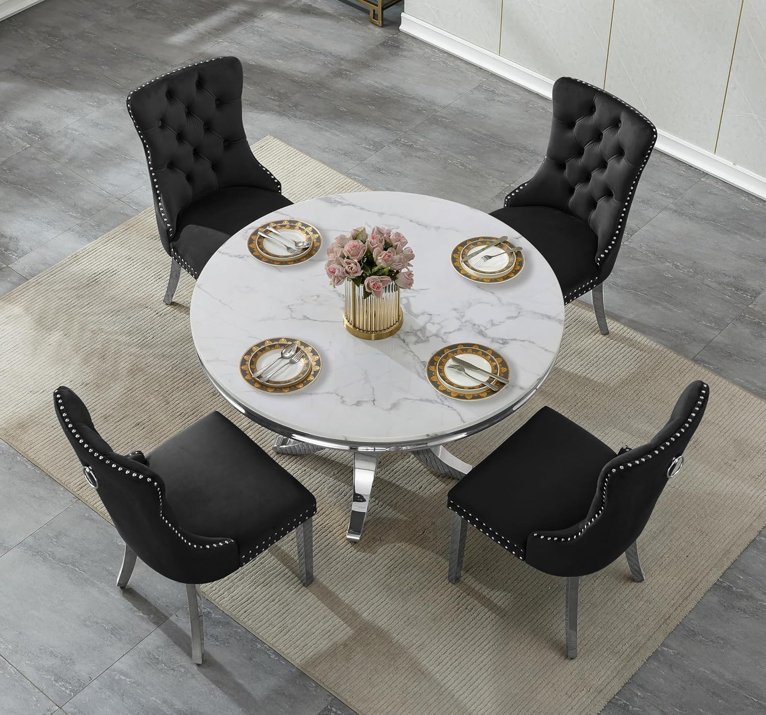 45 in Round Marble Dining Table for 4 to 6, Modern Circular White Faux Marble Kitchen Table with Silver Stainless Steel Leg, Round Kitchen Dining Room Table for Breakfast Dinette Dinner Dinning Room