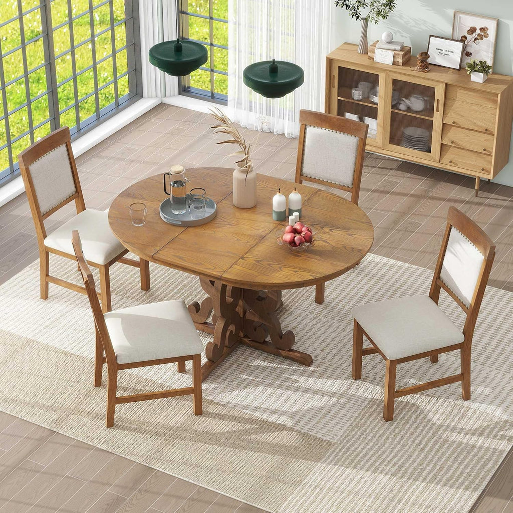 Merax Dining Table Set for 4, Extendable Round Tabletop with 16 inch Leaf and Upholstered Chairs, Retro Hollowed-Out Carving Design, Walnut