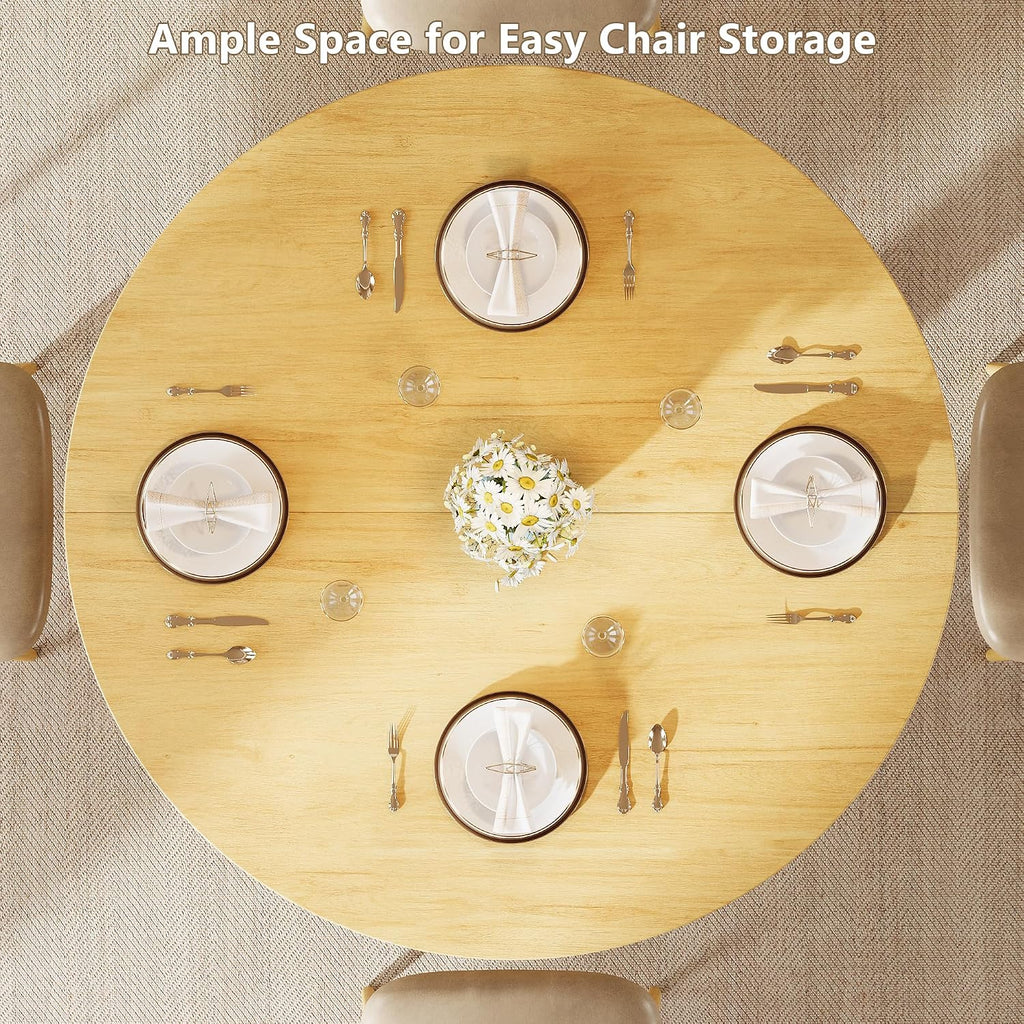 Einhomn Round Dining Table for 4-6, Kitchen Table with Sturdy Double Arc & Rounded Base & Backboard Clasp Desktop, Mid-Century Modern Circle Dinner Table for Dining Living Room, Space Saving, Natrual