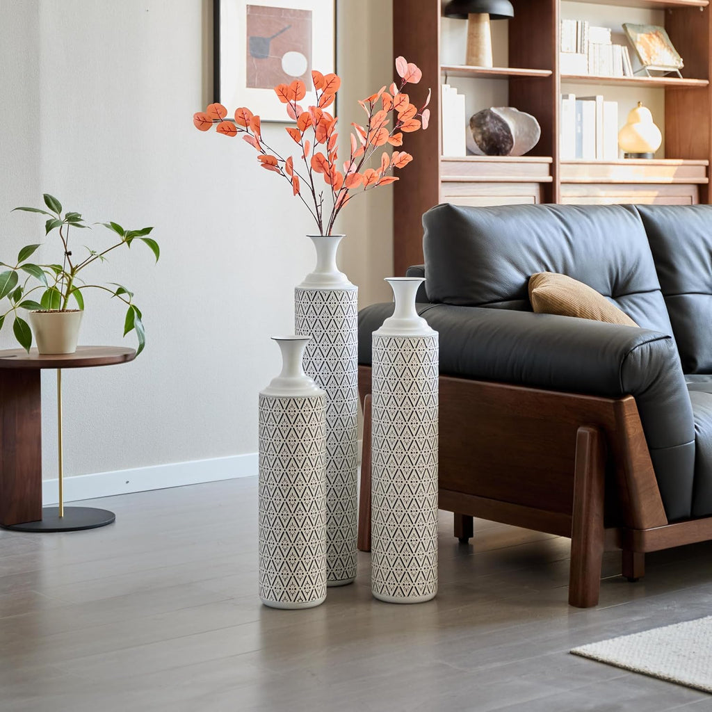 Tall Floor Vases Set of 3 - Modern White Metal Vases with Black Geometric Pattern, Decorative Cylinder Vase for Living Room, Home Decor, Entryway & Wedding Centerpieces (White+Black Rhombus)