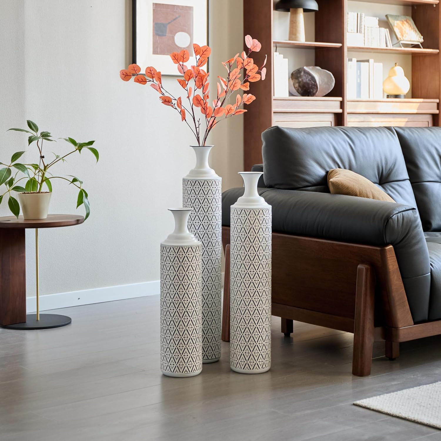 Tall Floor Vases Set of 3 - Modern White Metal Vases with Black Geometric Pattern, Decorative Cylinder Vase for Living Room, Home Decor, Entryway & Wedding Centerpieces (White+Black Rhombus)