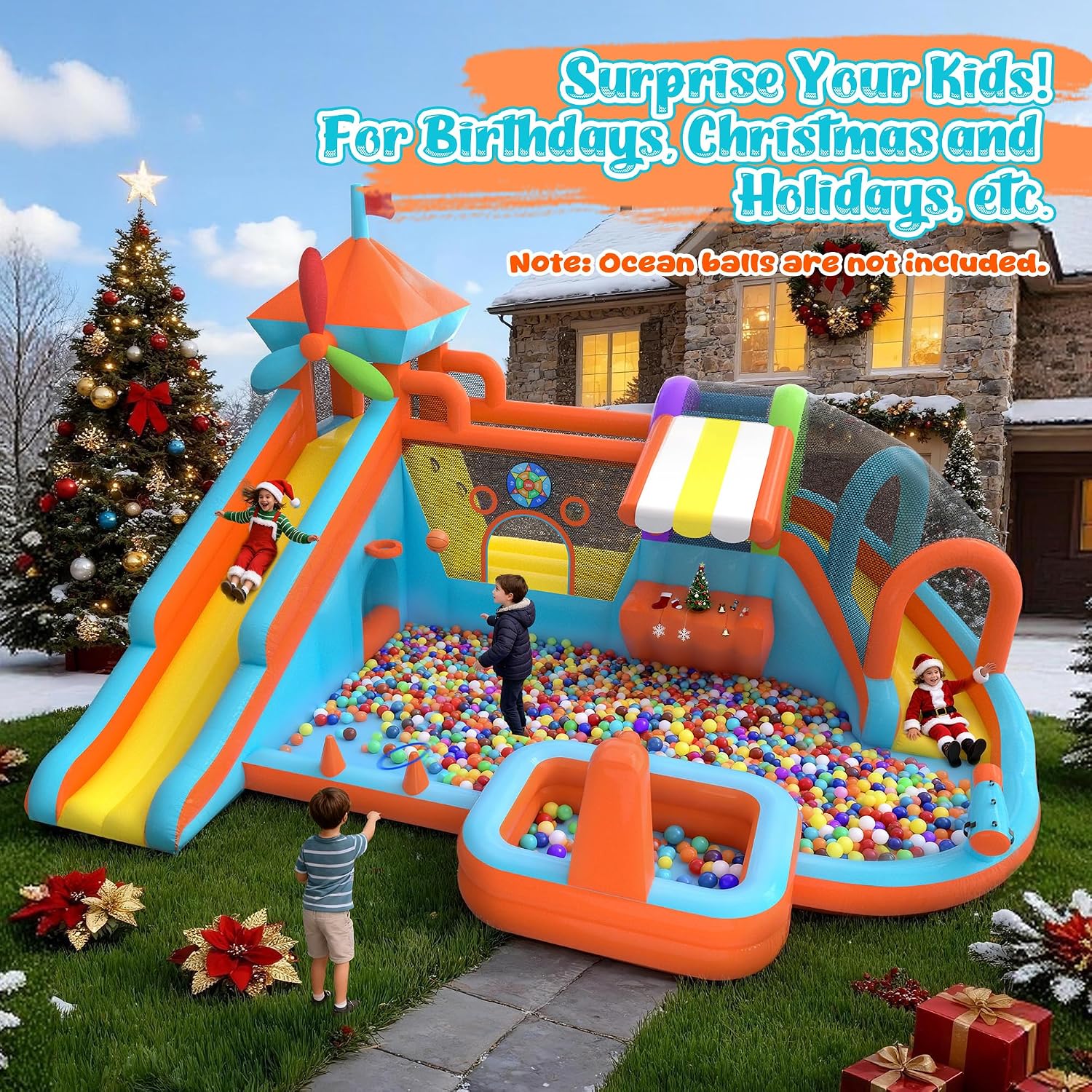 Water Bounce House for Big Kids 8-12, Double Water Slide Bounce House with 750W Blower, Toy Stand, Climbing Wall, Jumping, Water Gun, Splash Pool, Basketball Hoop for Indoor Outdoor Backyard