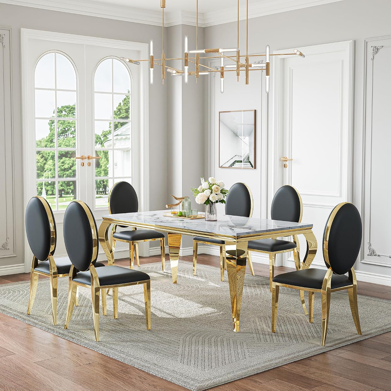 AF ARTISAN FURNITURE Modern Marble Dining Table Set of 6-70' Faux Marble Kitchen Table with 6 Leather Chairs, White Marble Top & Gold Mirrored Stainless Steel Legs, 6 Pieces Black High Back Chairs