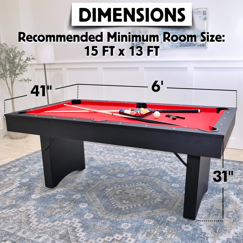 Freetime Fun 6 FT Pool Table, No Assembly, Portable, Includes Billiard Tables Accessories- 2 Pool Cues, Set of Balls, Triangle, Pool Table Brush, Chalk