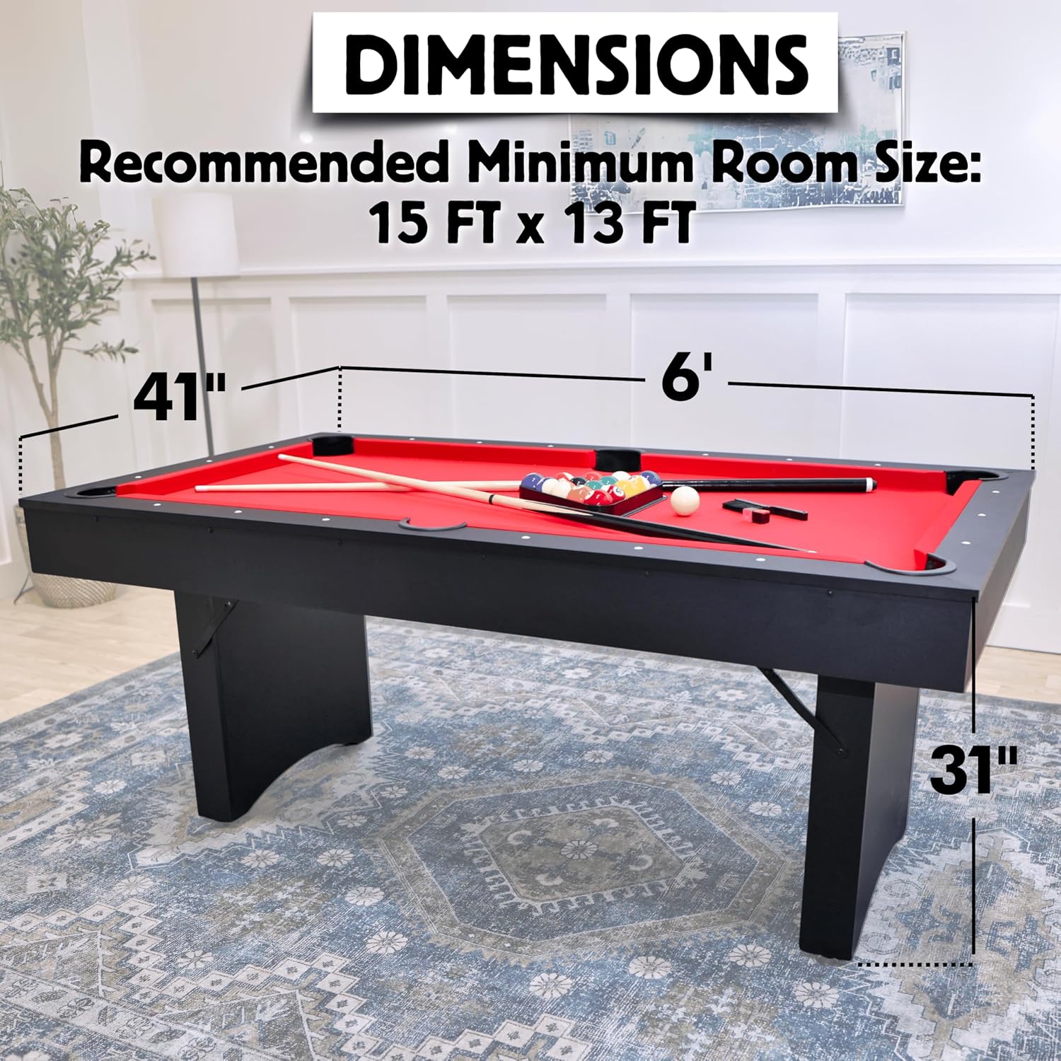 Freetime Fun 6 FT Pool Table, No Assembly, Portable, Includes Billiard Tables Accessories- 2 Pool Cues, Set of Balls, Triangle, Pool Table Brush, Chalk