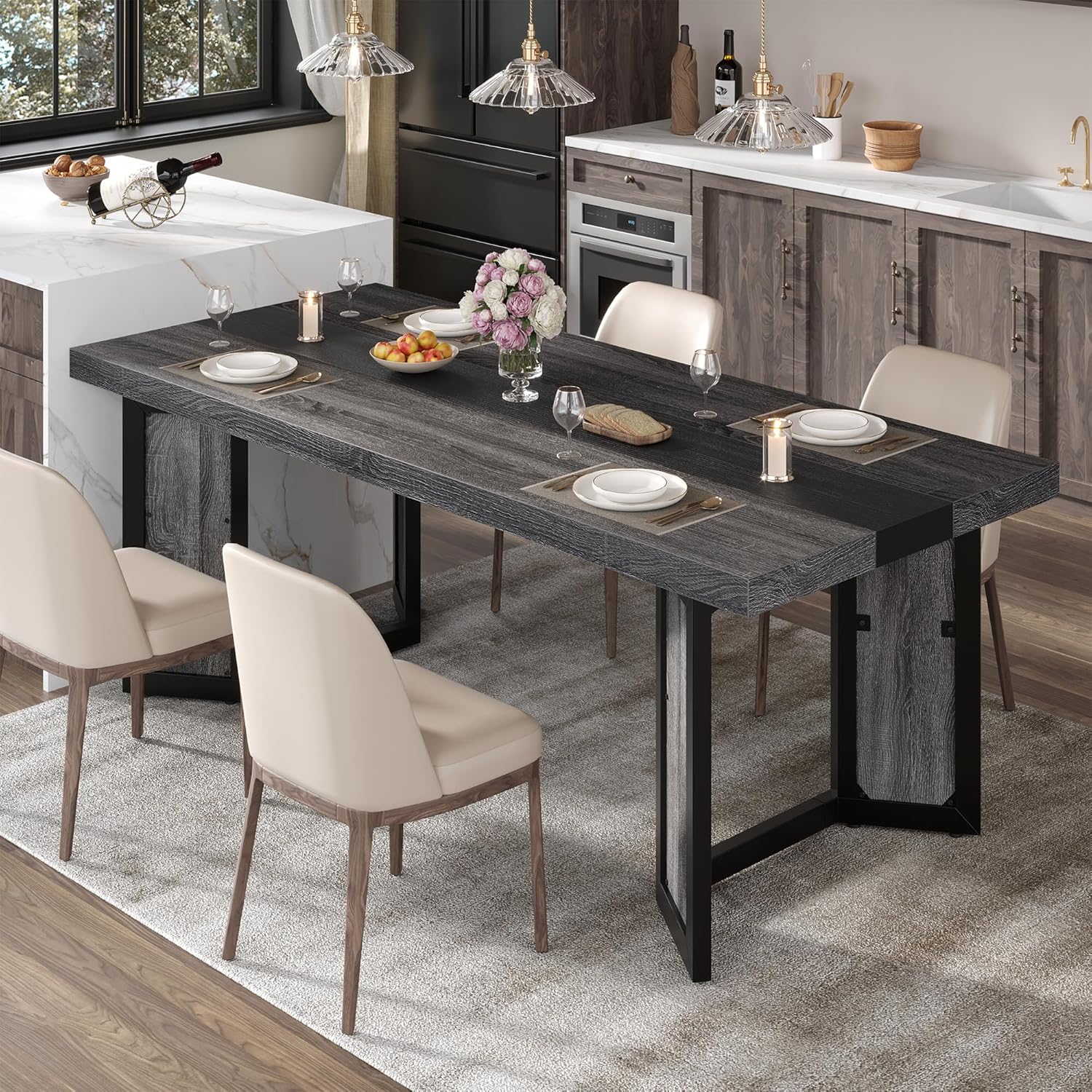 knoworld Industrial Dining Table for 6-8 People, 71' Large Long Wooden Kitchen Table with Sturdy Metal Frame & Brown Finish, Rustic Style Rectangular Dinner Table for Dining Room, Kitchen (Oak Gray)