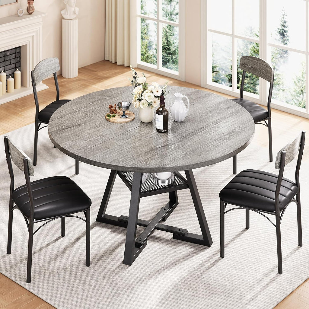 51' Round Dining Table Set for 6, Kitchen Table and Chairs for 4, Circle Table Round Pedestal Dining Room Dinner Dinette Table Set,5 Piece Space Saving Wood Kitchen & Dining Room Tables (Grey, 51In)