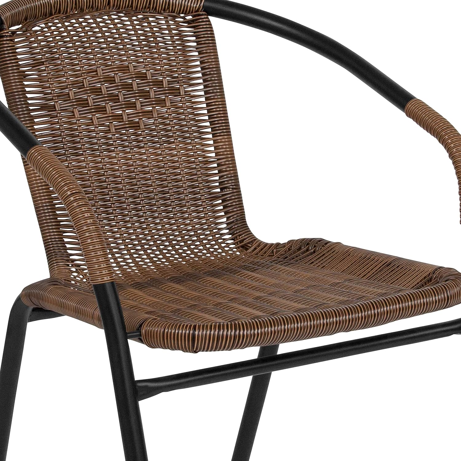 Flash Furniture Lila 28'' Round Glass Metal Table with Dark Brown Rattan Edging and 4 Dark Brown Rattan Stack Chairs