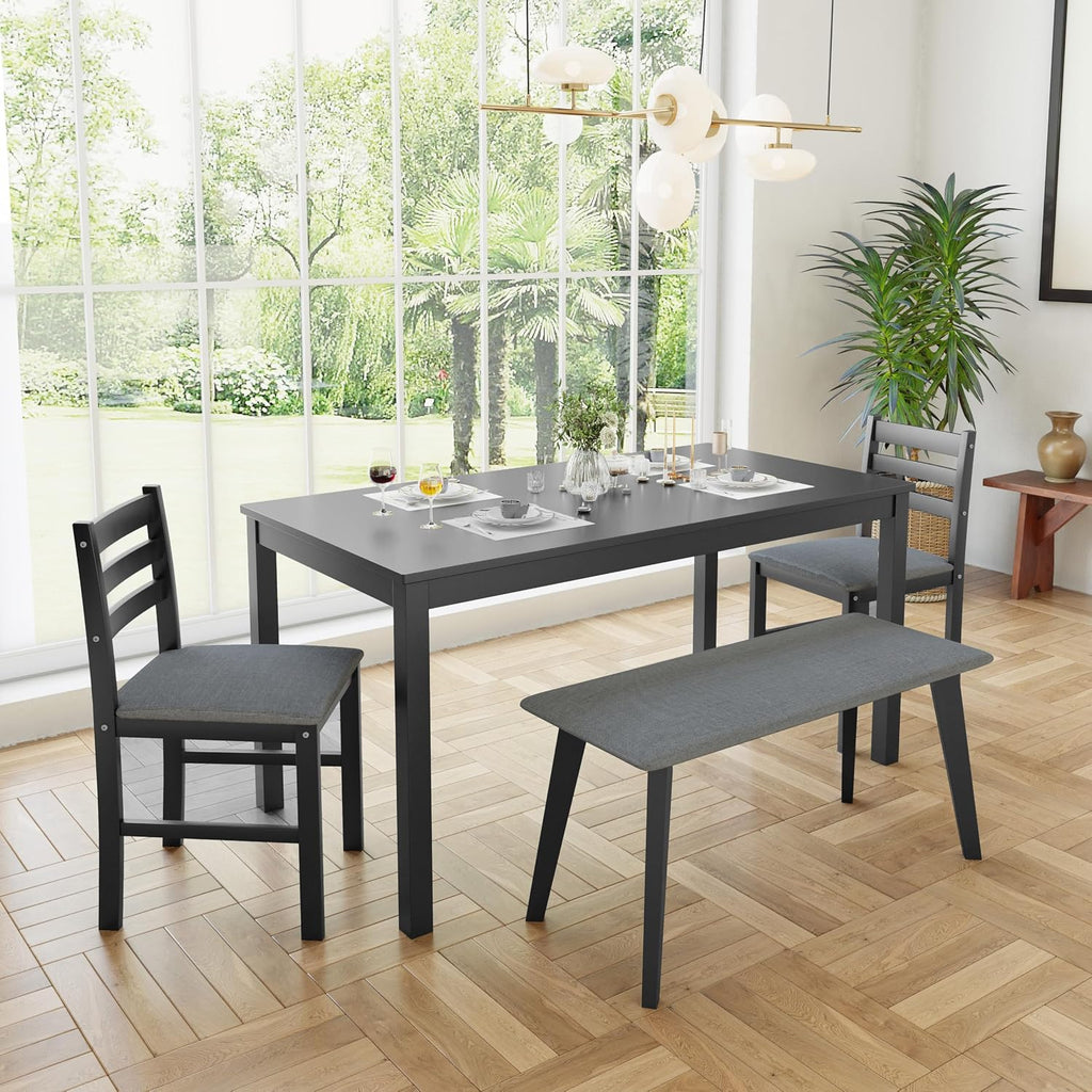 Dining Table Set for 4, Solid Wood Kitchen Table Chairs Set of 4, 43.3' Space-Saving Mid Century Modern Dining Room Table with Chairs and Bench for Kitchen, Living Room,Breakfast Nook, Black