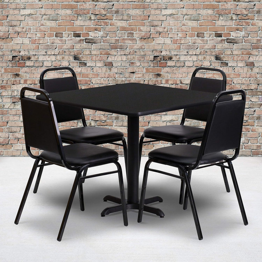 Flash Furniture 5-Piece 36' Square Laminate Dining Table/Chairs Set, Restaurant Dining Set with Table, X-Base, and 4 Trapezoidal Back Chairs, Black