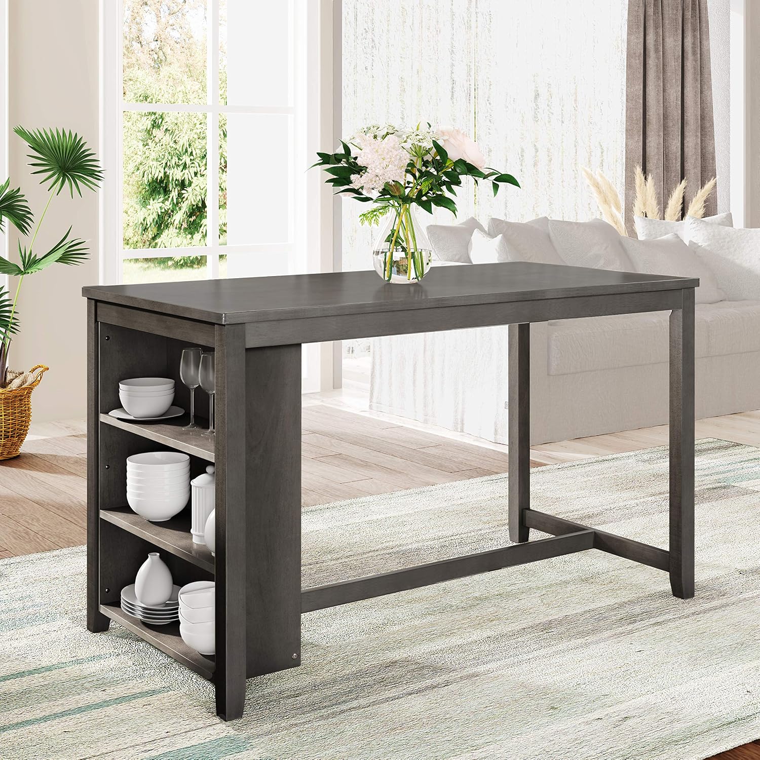 5 Pieces Counter Height Wooden Bar Table Set with 3-Tier Shelf and 4 Chairs, Rustic Farmhouse Dining Table Set for 4, Gray