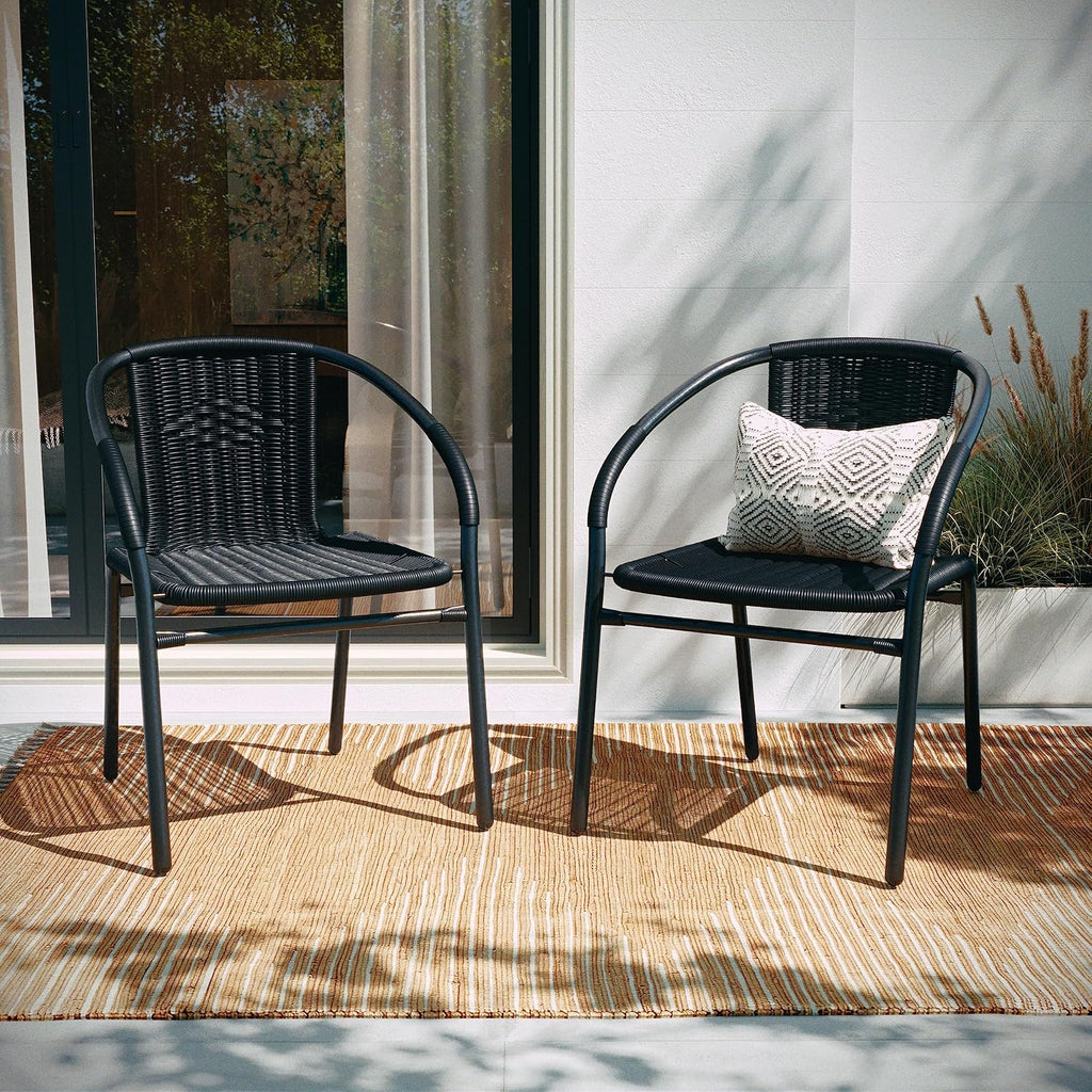 EMMA + OLIVER Set of 4 Modern PE Rattan Stack Chairs, Indoor/Outdoor Patio Dining Chairs, No Assembly Required, Black
