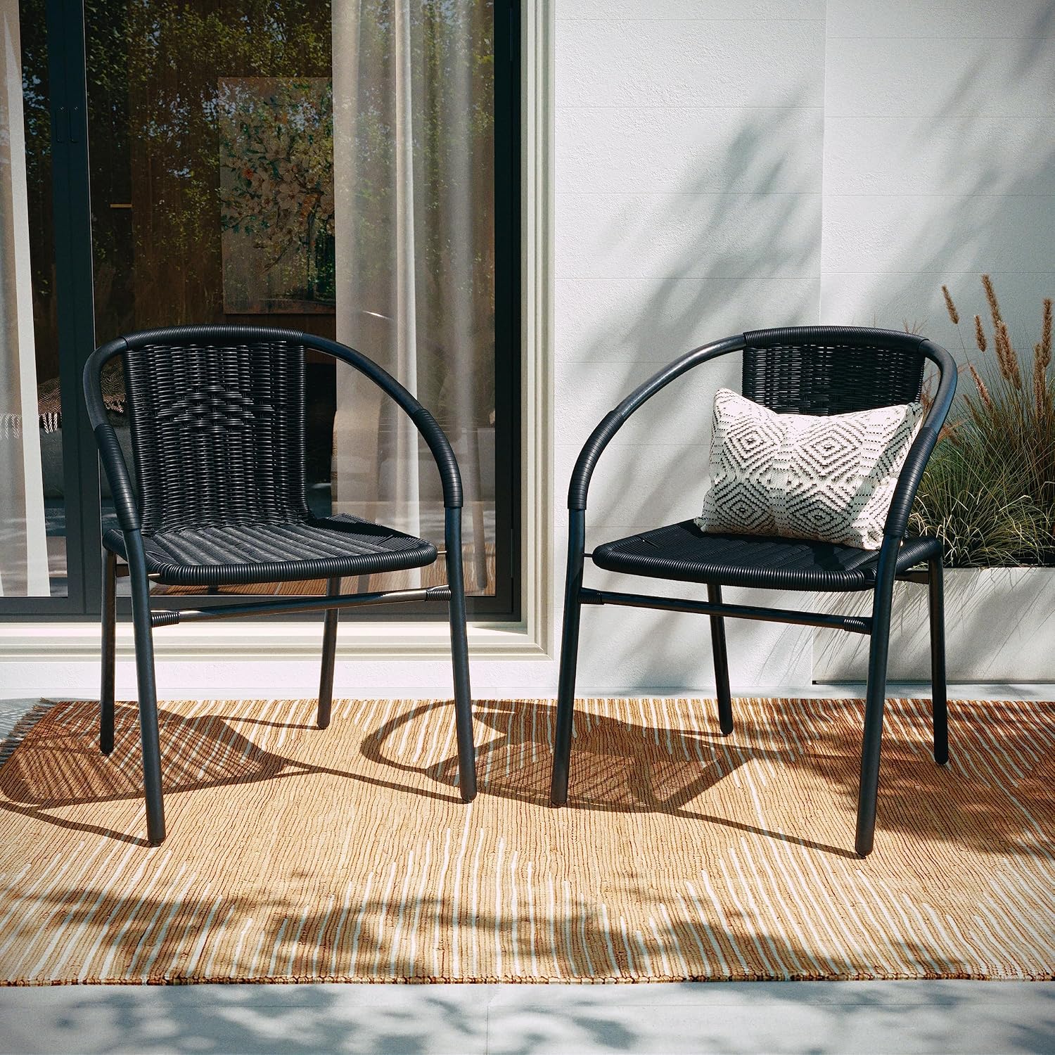 EMMA + OLIVER Set of 4 Modern PE Rattan Stack Chairs, Indoor/Outdoor Patio Dining Chairs, No Assembly Required, Black