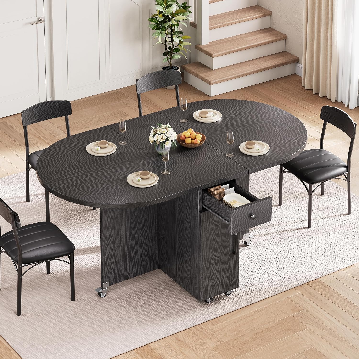 Dining Table Set for 4, Folding Kitchen Table and Chairs for 4, 5 Piece Space Saving Foldable Kitchen Dining Room Dinner Dinette Furniture with Storage for Small Spaces (Black, 51''*31''*30'')