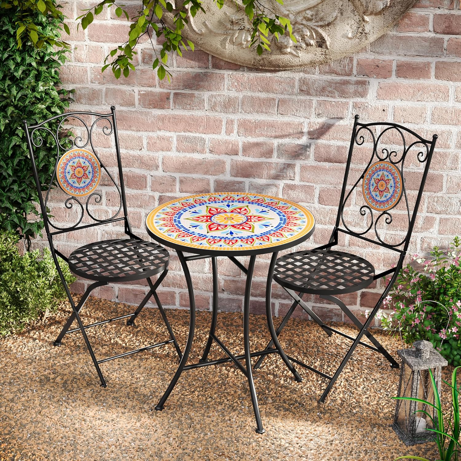 Christopher Knight Home Dorin Patio Ceramic Tile and Iron Frame Bistro Set, 2-Seater Round Top Table+Chairs Set for Garden/Balcony, Poolside, Foldable Chat Set with Iron Mesh Seating Design, Black+Red