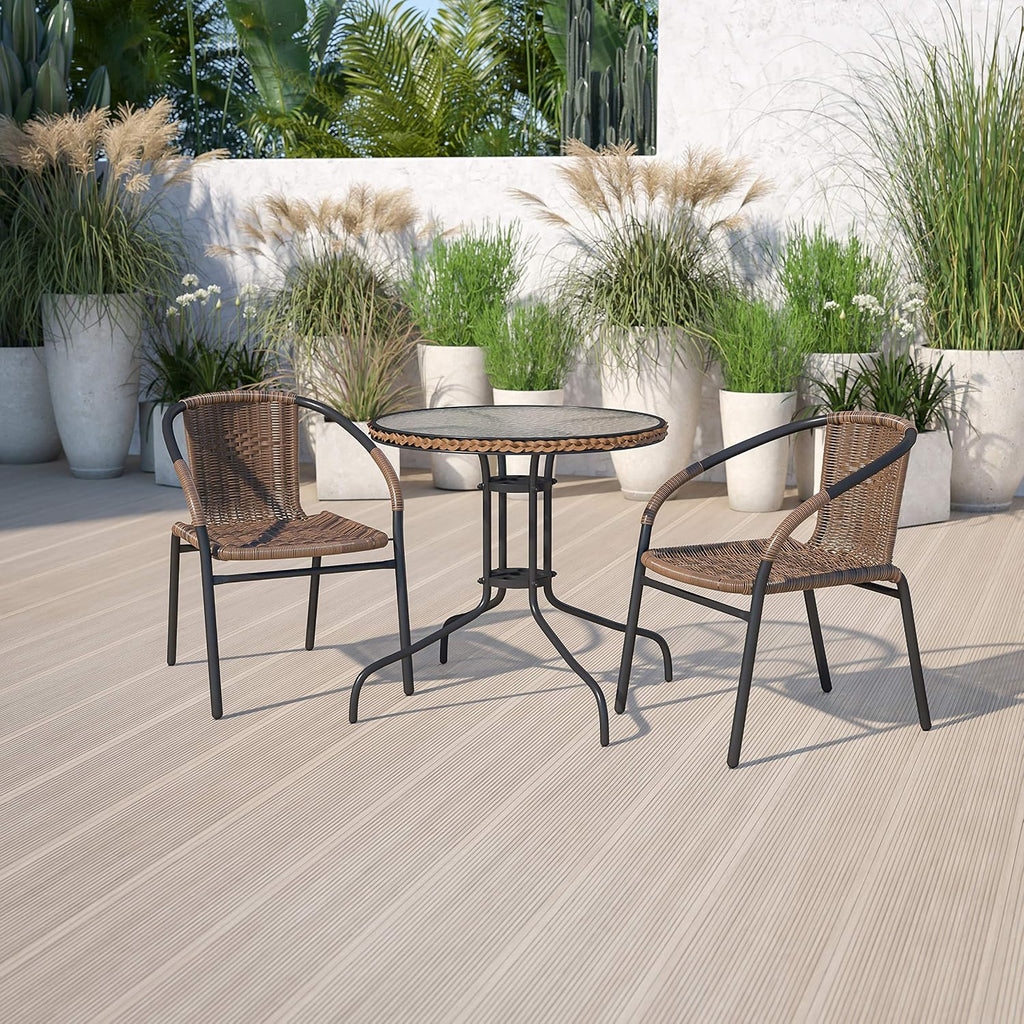 Flash Furniture Lila 28'' Round Glass Metal Table with Dark Brown Rattan Edging and 2 Dark Brown Rattan Stack Chairs