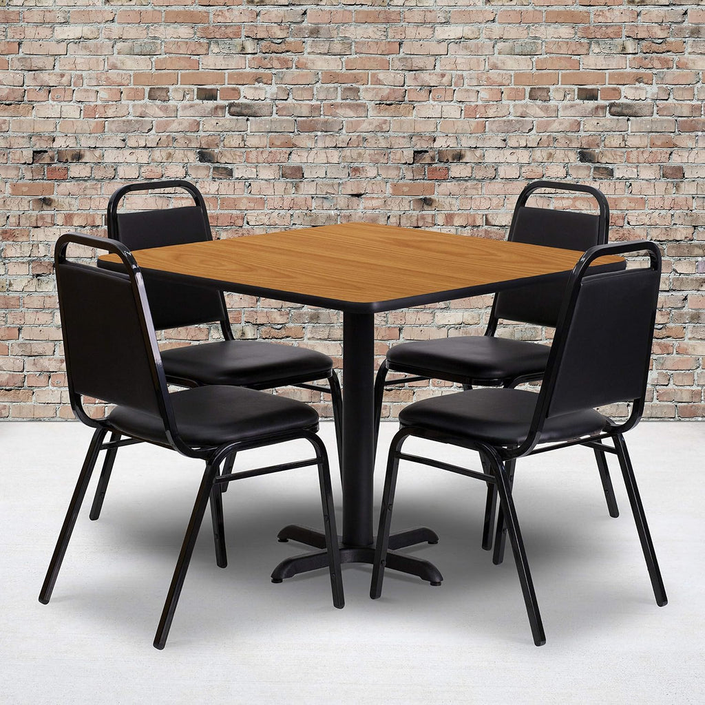 Flash Furniture Carlton 36'' Square Natural Laminate Table Set with X-Base and 4 Black Trapezoidal Back Banquet Chairs