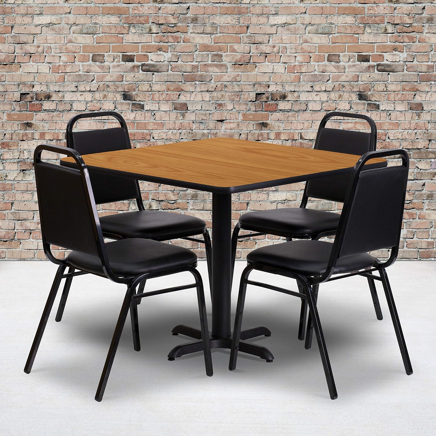 Flash Furniture Carlton 36'' Square Natural Laminate Table Set with X-Base and 4 Black Trapezoidal Back Banquet Chairs