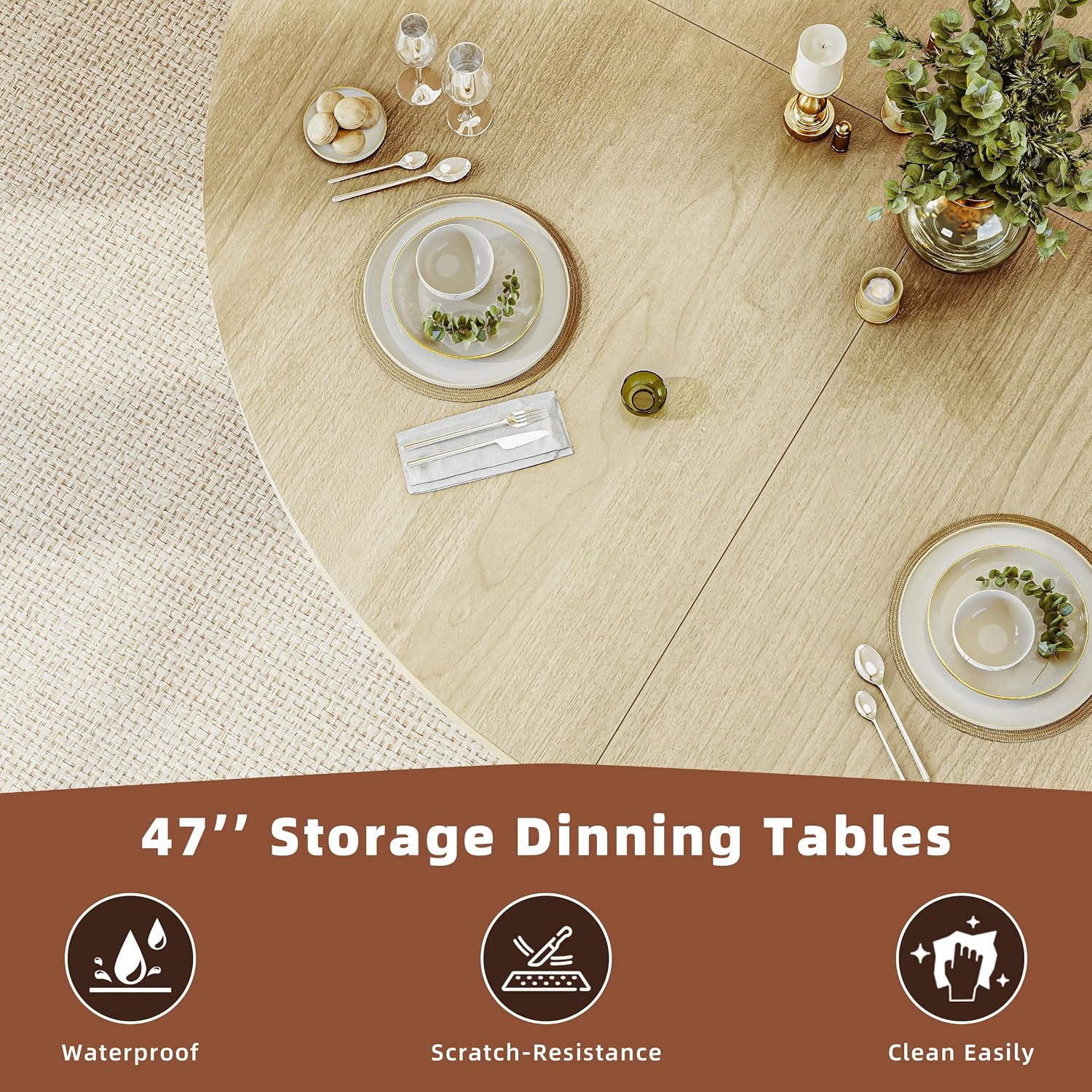 47 Inch Round Dining Table for 4-6 Round Table Kitchen Modern Round Dining Room Table with 2-Layer Storage Shelf and Wood Slide Door Circle Kitchen Tables for Dining Room Oak