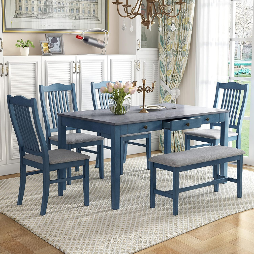 LUMISOL 6-Piece Solid Wood Dining Table Set, Farmhouse Kitchen Table Set with 4 Upholstered Chairs, Bench and Storage Drawers for Kitchen, Dining Room, Living Room, Antique Blue