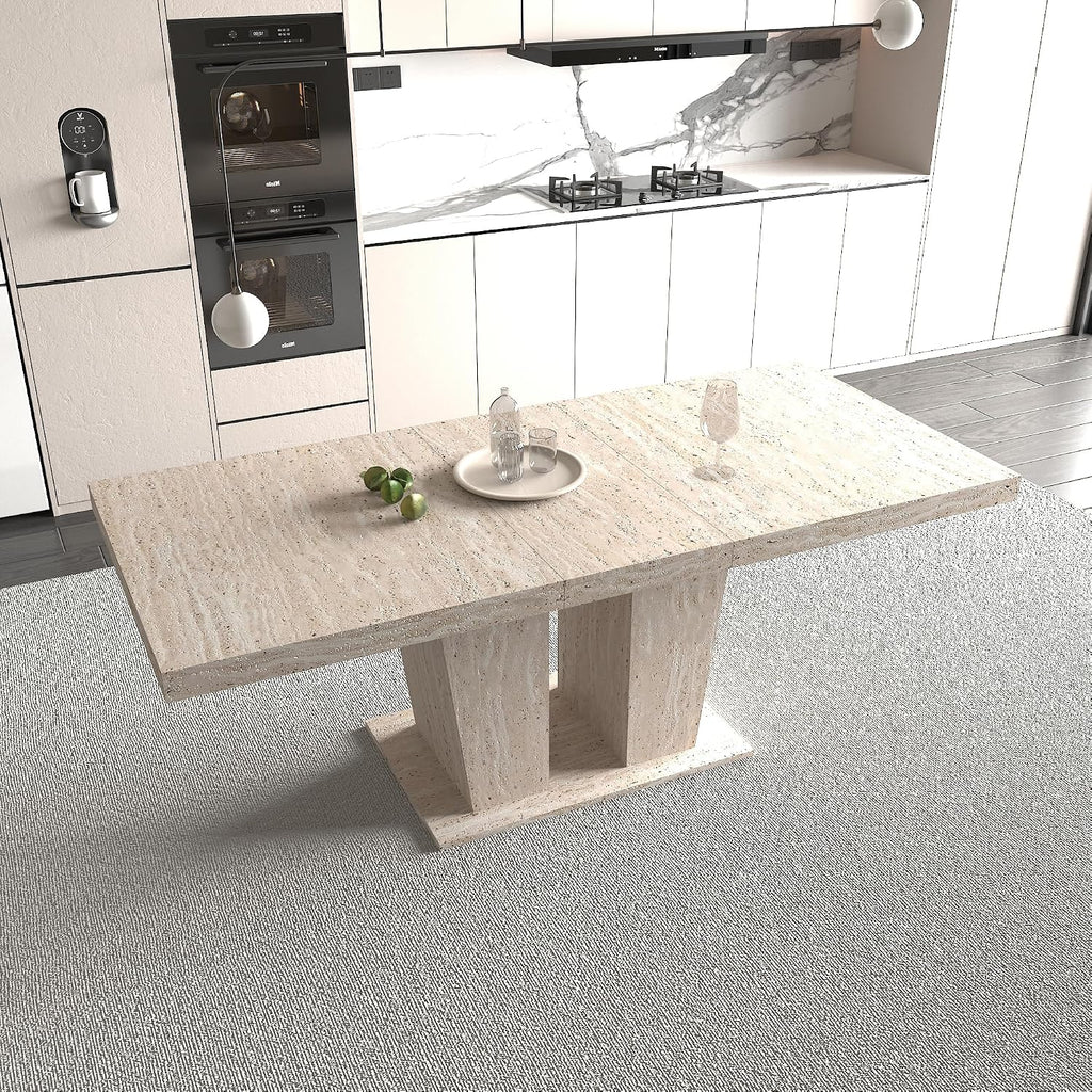 78.74'' Extendable Rectangular Dining Table for 4-8, Modern Mid-Century Wood Expandable Kitchen Dinner Conference Table for Living Room Office, Veined Travertine Pattern, Beige