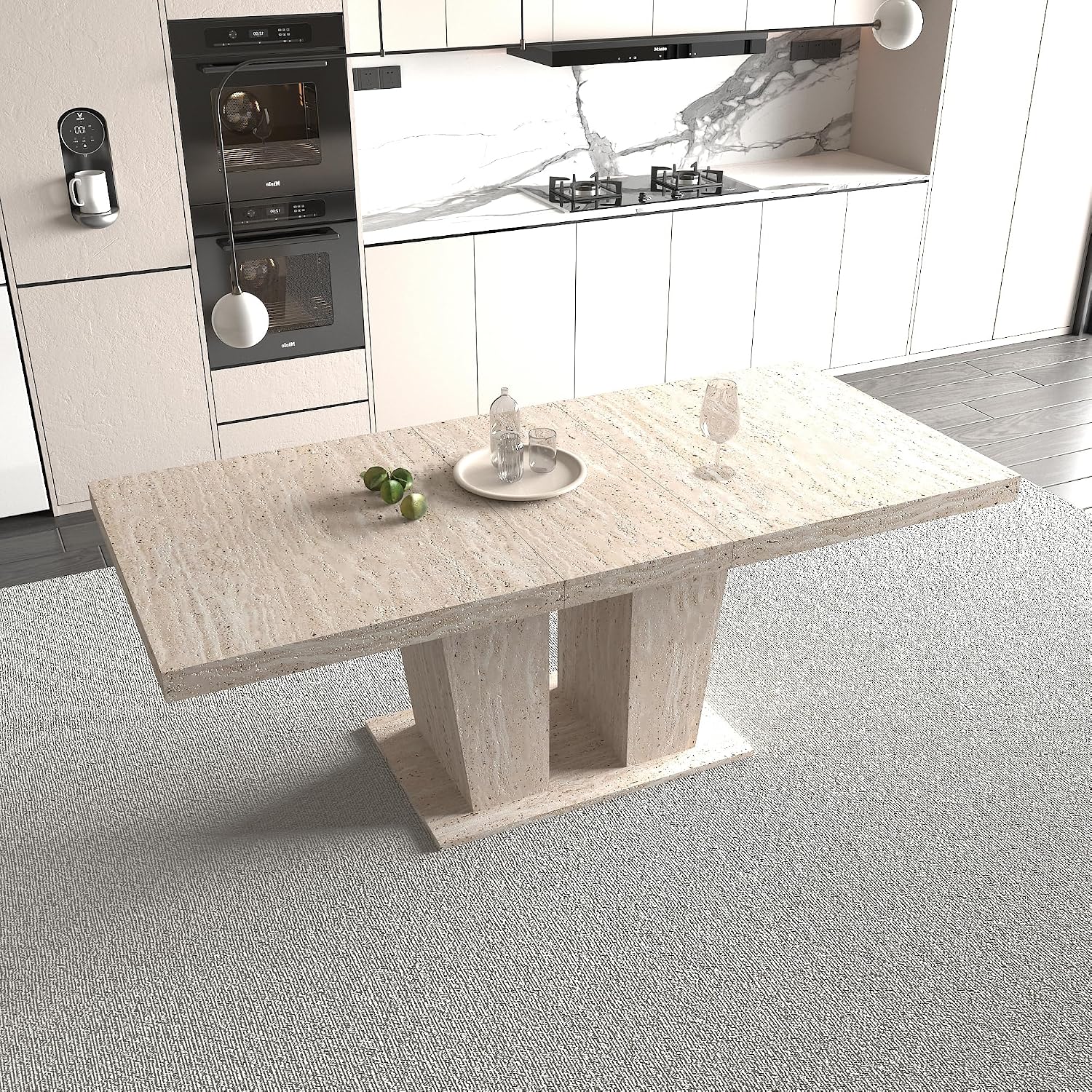 78.74'' Extendable Rectangular Dining Table for 4-8, Modern Mid-Century Wood Expandable Kitchen Dinner Conference Table for Living Room Office, Veined Travertine Pattern, Beige
