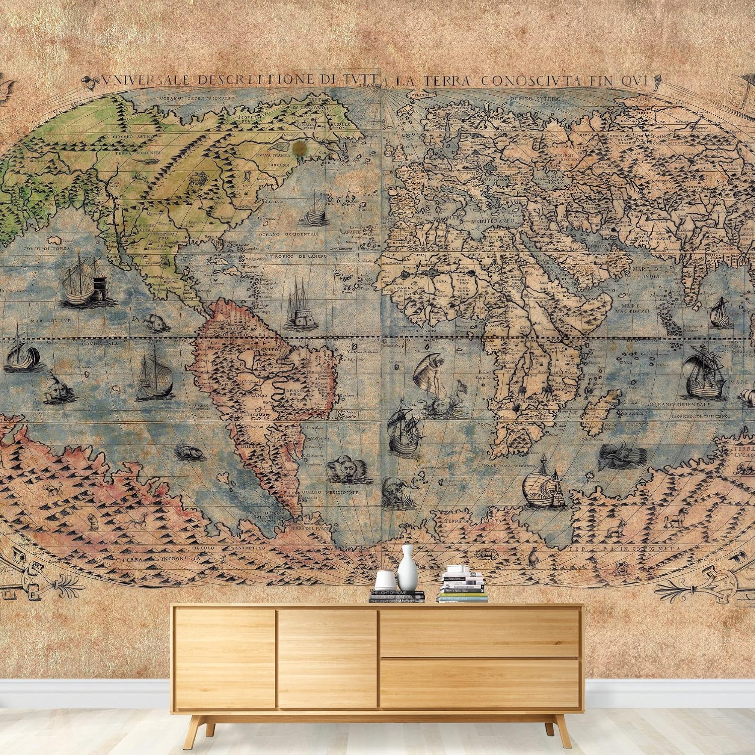 wall26 - Antique Map of The World - Complete with Sea Monster Illustrations - Wall Mural, Removable Sticker, Home Decor - 100x144 inches