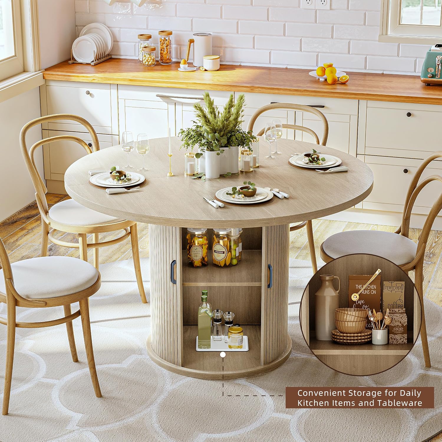 47 Inch Round Dining Table for 4-6 Round Table Kitchen Modern Round Dining Room Table with 2-Layer Storage Shelf and Wood Slide Door Circle Kitchen Tables for Dining Room Oak