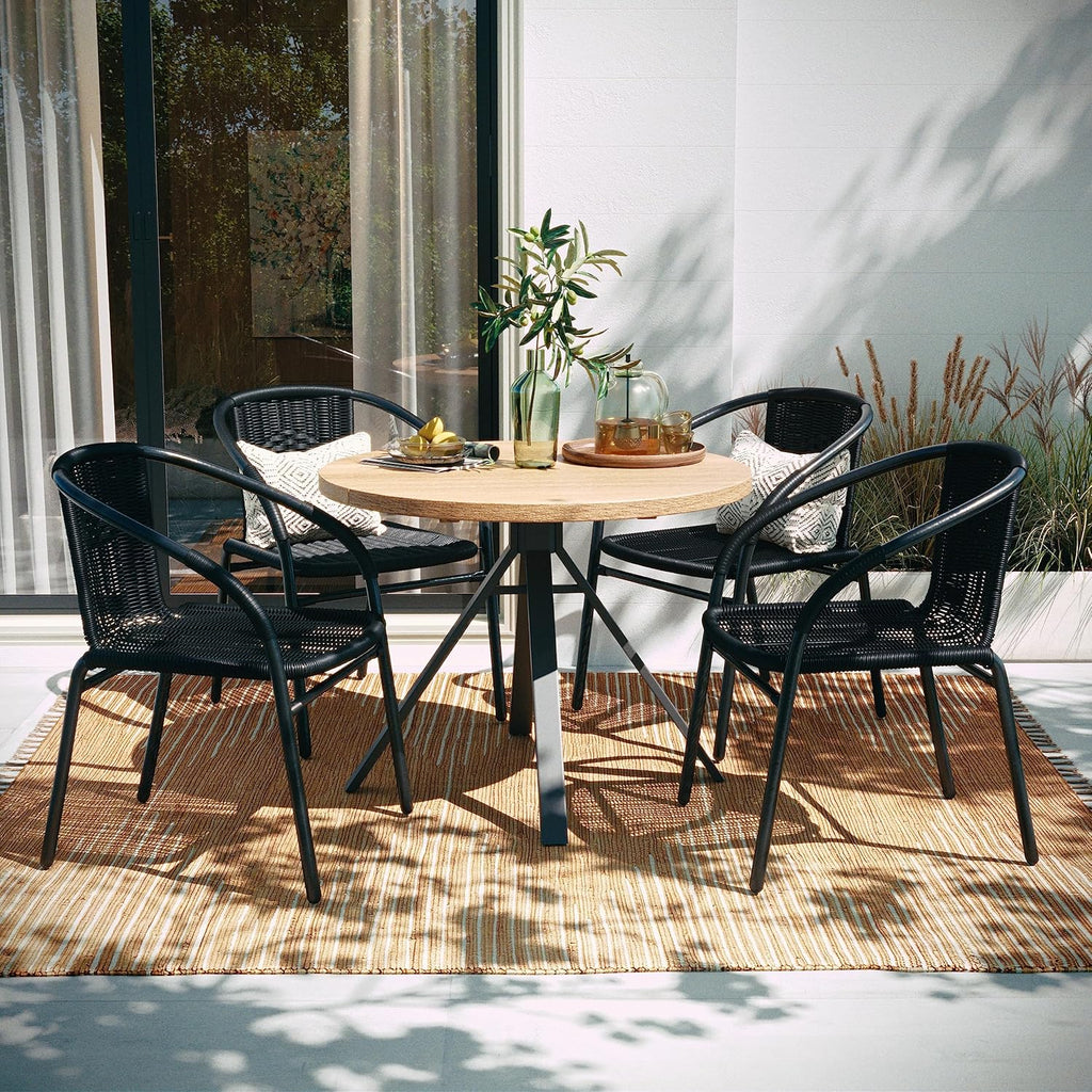 EMMA + OLIVER Set of 4 Modern PE Rattan Stack Chairs, Indoor/Outdoor Patio Dining Chairs, No Assembly Required, Black
