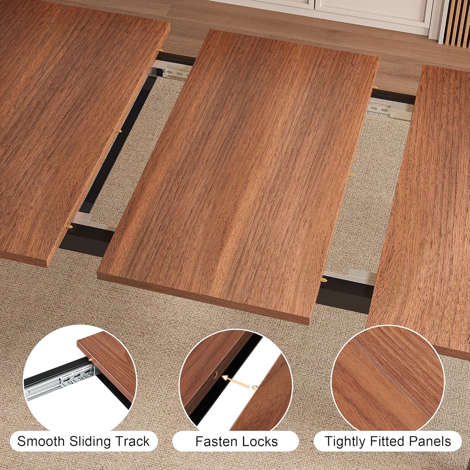 Einhomn Extendable Dining Table for 4-6, 63' Modern Kitchen Table, Farmhouse Dining Room Tables for Dining, Kitchen, Office, Living Room, Rectangular Wooden Tables, Space Saving (Walnut)
