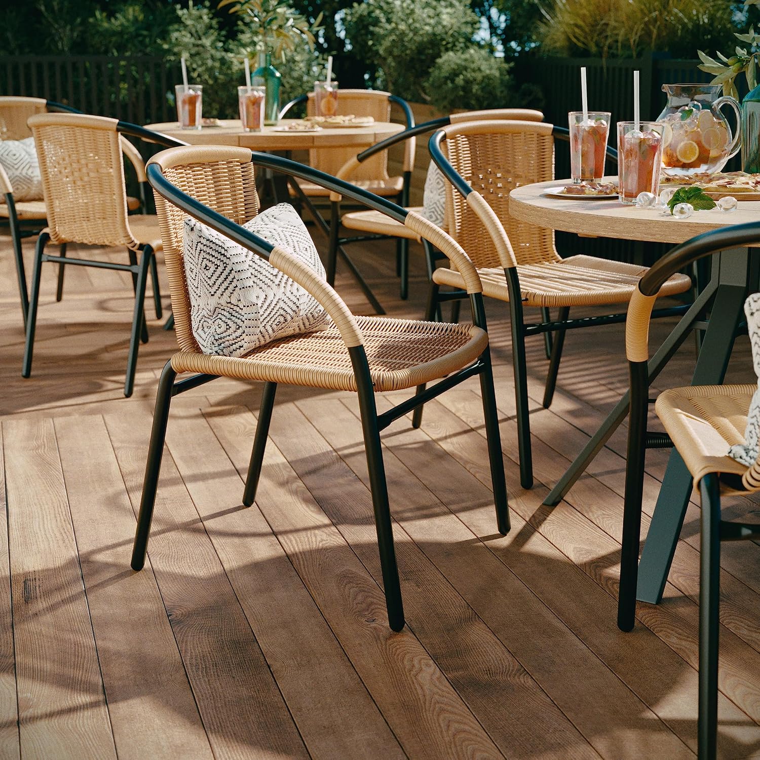 EMMA + OLIVER Set of 4 Modern PE Rattan Stack Chairs, Indoor/Outdoor Patio Dining Chairs, No Assembly Required, Beige