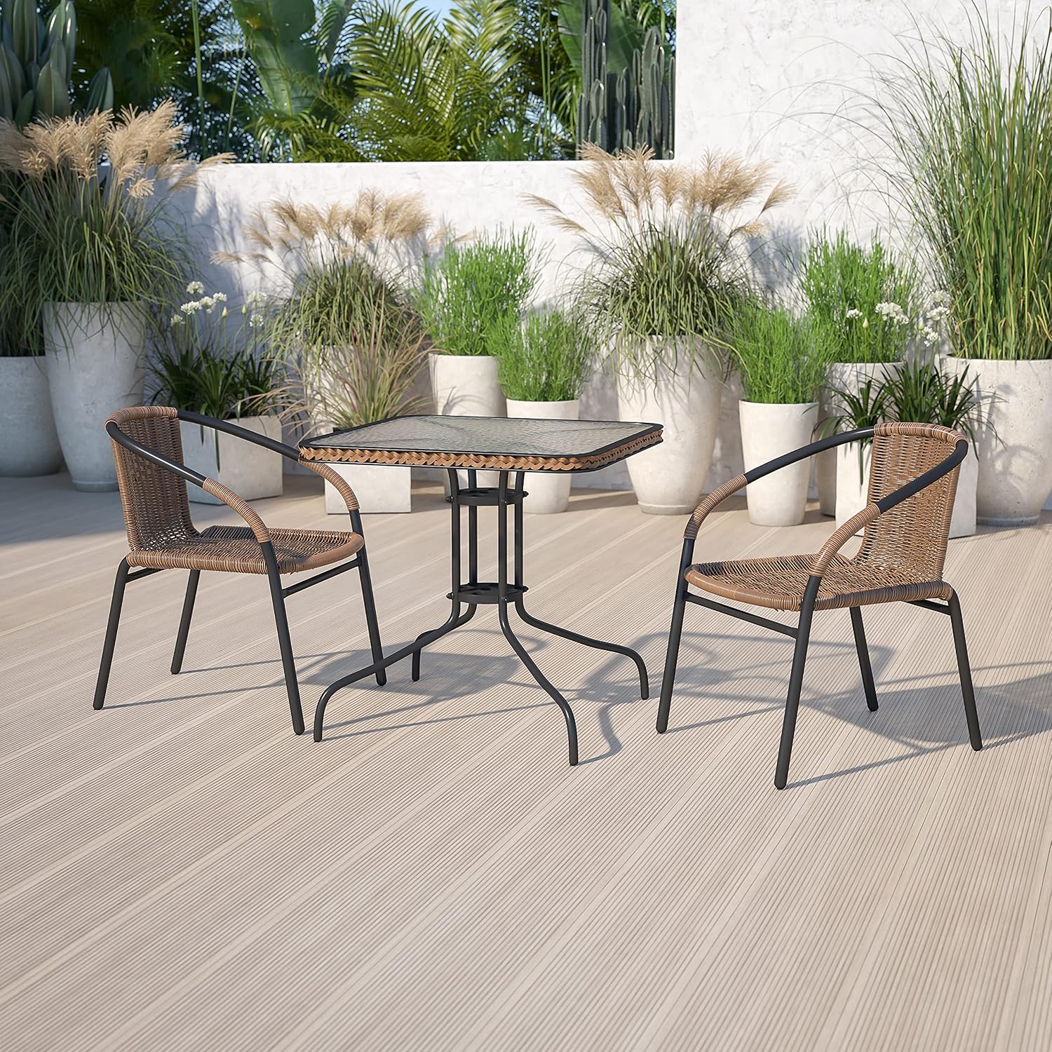 Flash Furniture Lila 3-Piece 28' Square Indoor/Outdoor Patio Table and Chairs Set, Glass Metal Bistro Table and 2 Stacking Rattan Chairs, Brown