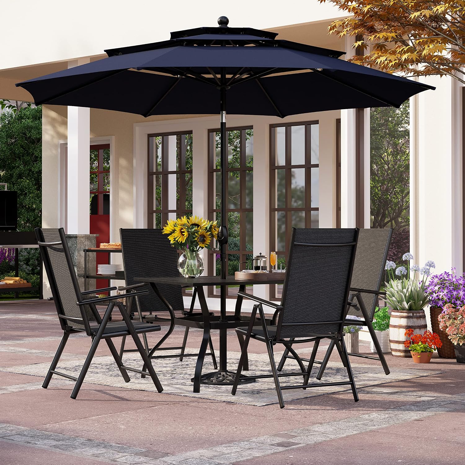 PHI VILLA 6 Piece Outdoor Dining Set with 10ft Umbrella (Navy Blue), Patio Table and Chairs for 4 with Lightweight Folding Chairs & Metal Square Table for Yard, Garden and Deck (No Umbrella Base)