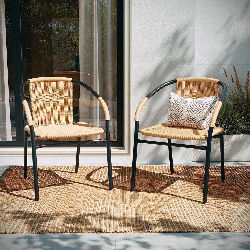 EMMA + OLIVER Set of 4 Modern PE Rattan Stack Chairs, Indoor/Outdoor Patio Dining Chairs, No Assembly Required, Beige
