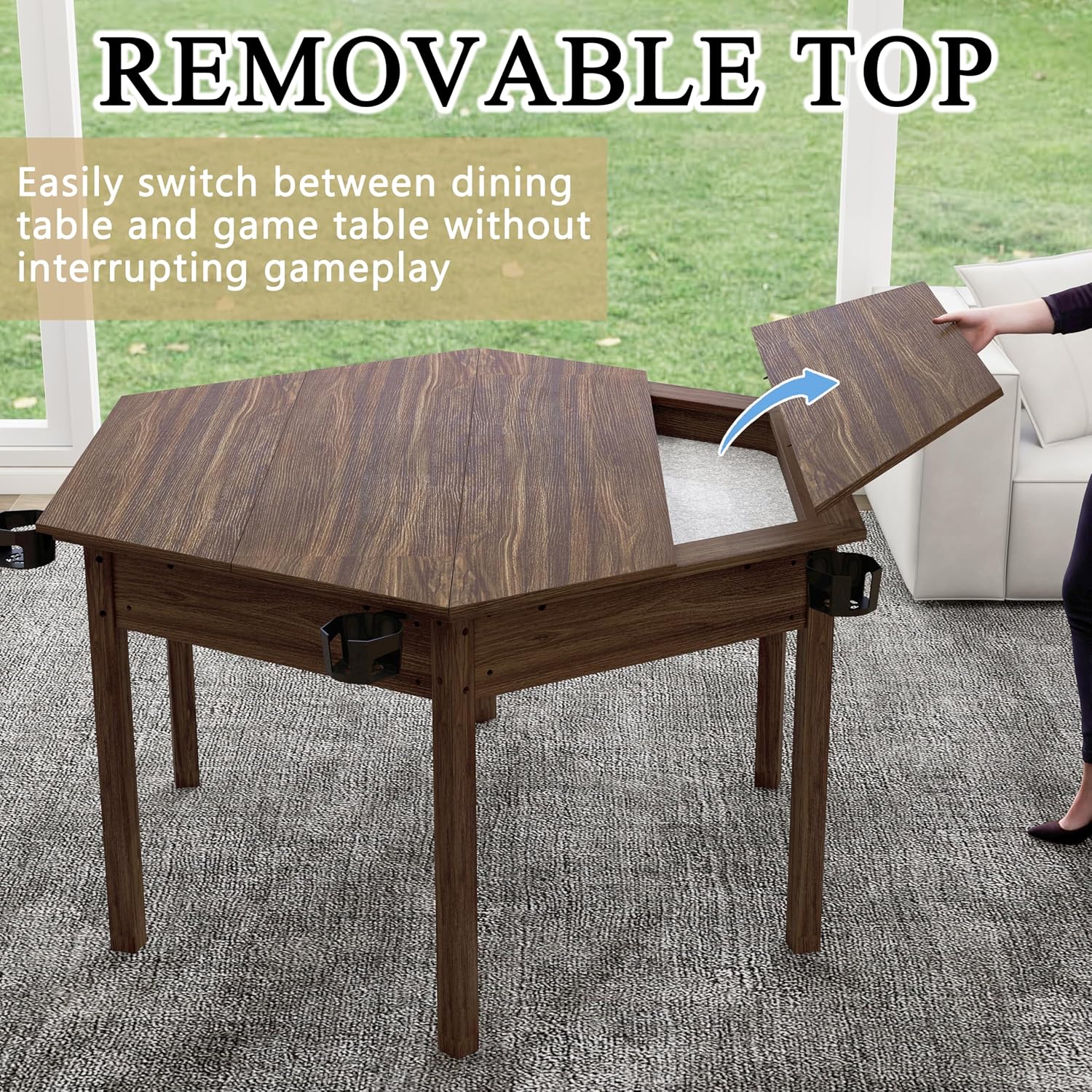 Board Game Table with Rotating Cup Holders for 6 Players, Hexagon Gaming and Dining Table with Removable Table Top & Non-Slip Play Mat, Multifunctional Table with for DND/Poker/Card Games