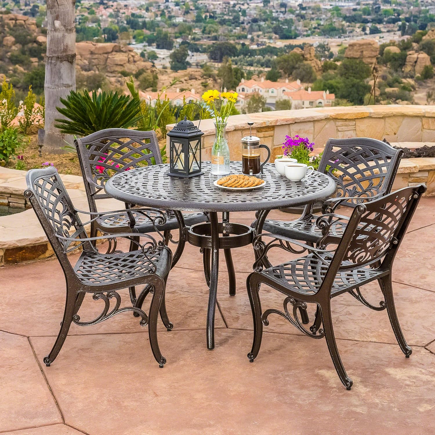 Christopher Knight Home Hallandale Outdoor Cast Aluminum Dining Set for Patio or Deck, 5-Pcs Set, Hammered Bronze