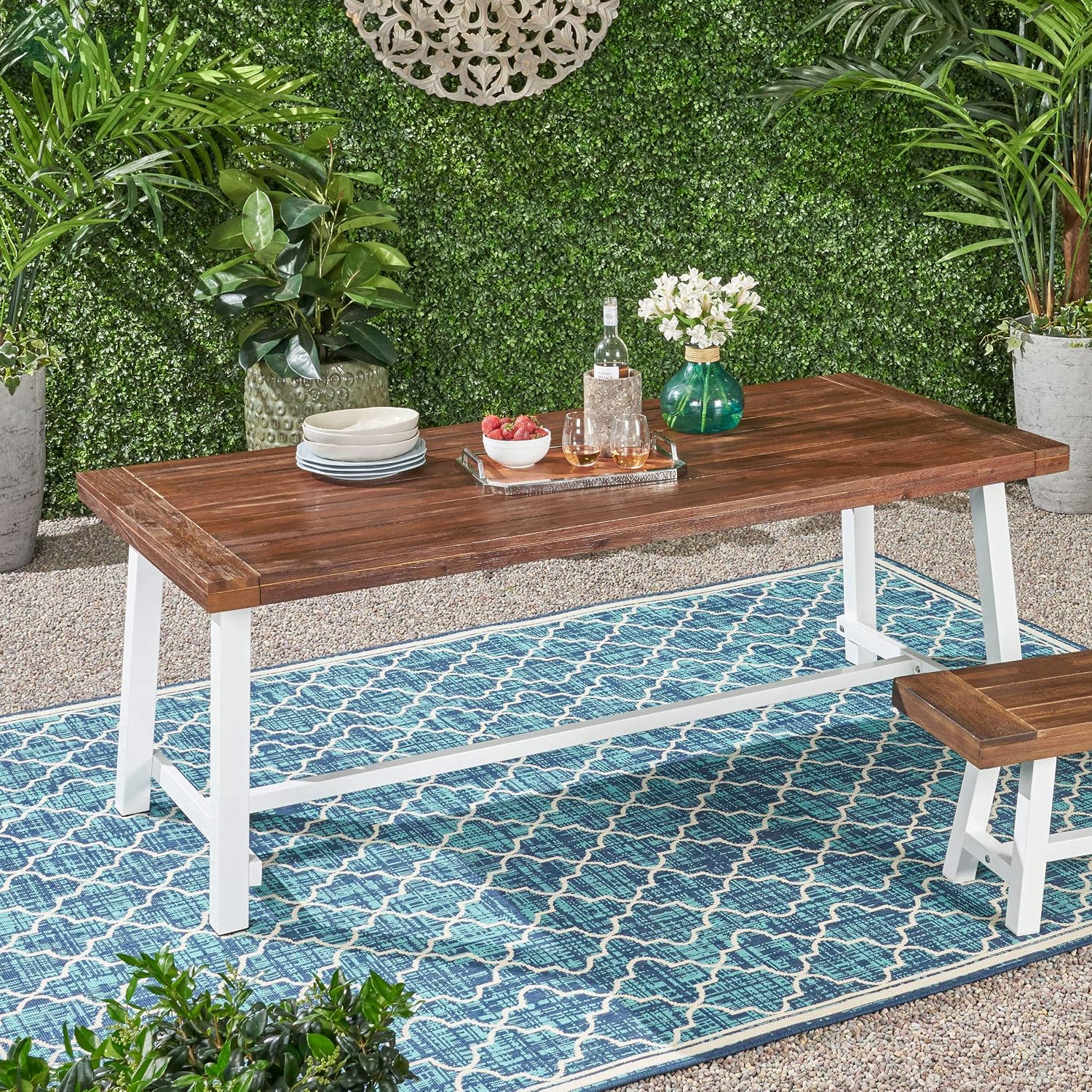 Outdoor Eight Seater Iron Dining Table, Dark Brown and White Finish