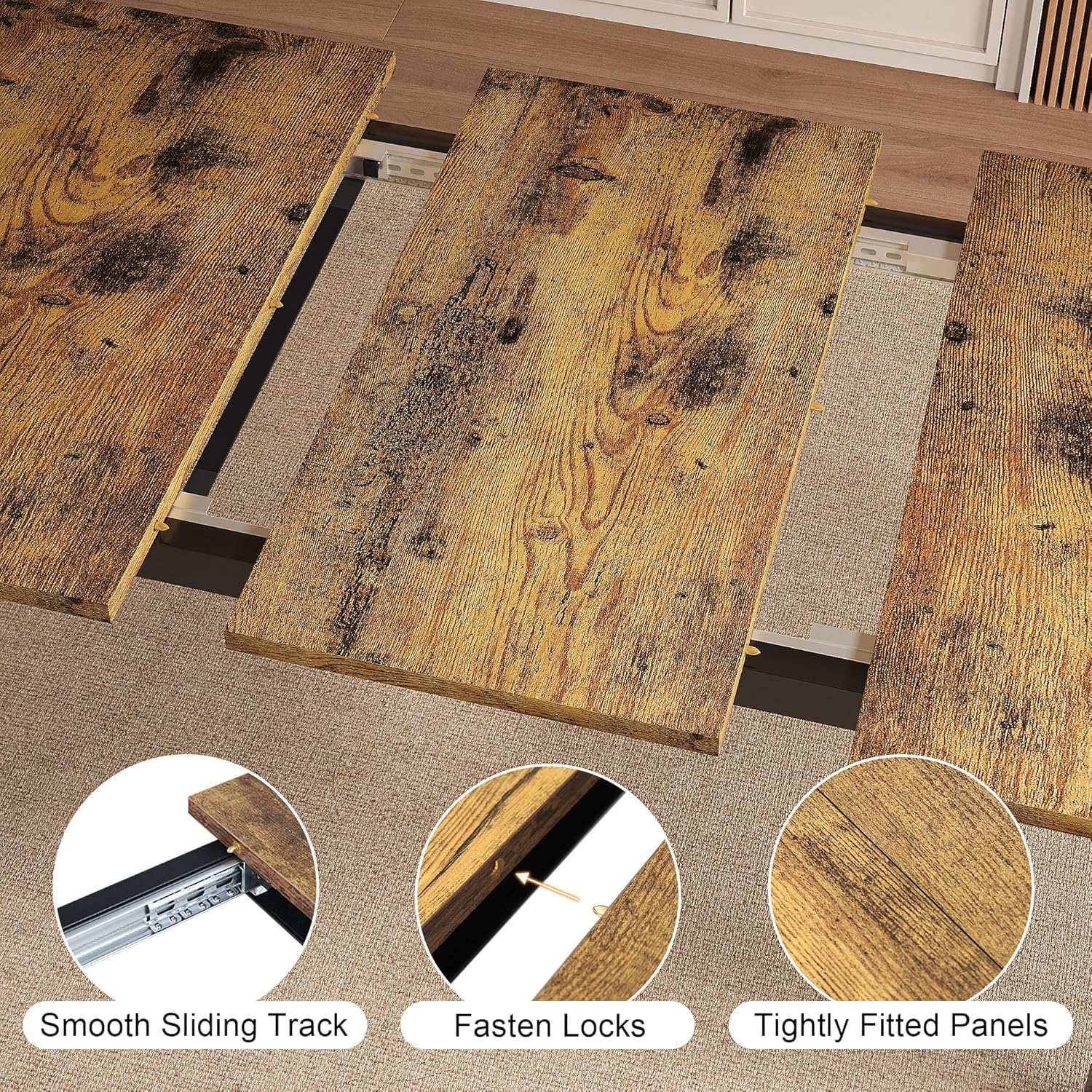 Einhomn Extendable Dining Table for 4-6, 63' Modern Kitchen Table, Farmhouse Dining Room Tables for Dining, Kitchen, Office, Living Room, Rectangular Wooden Tables, Space Saving (Rustic Brown)
