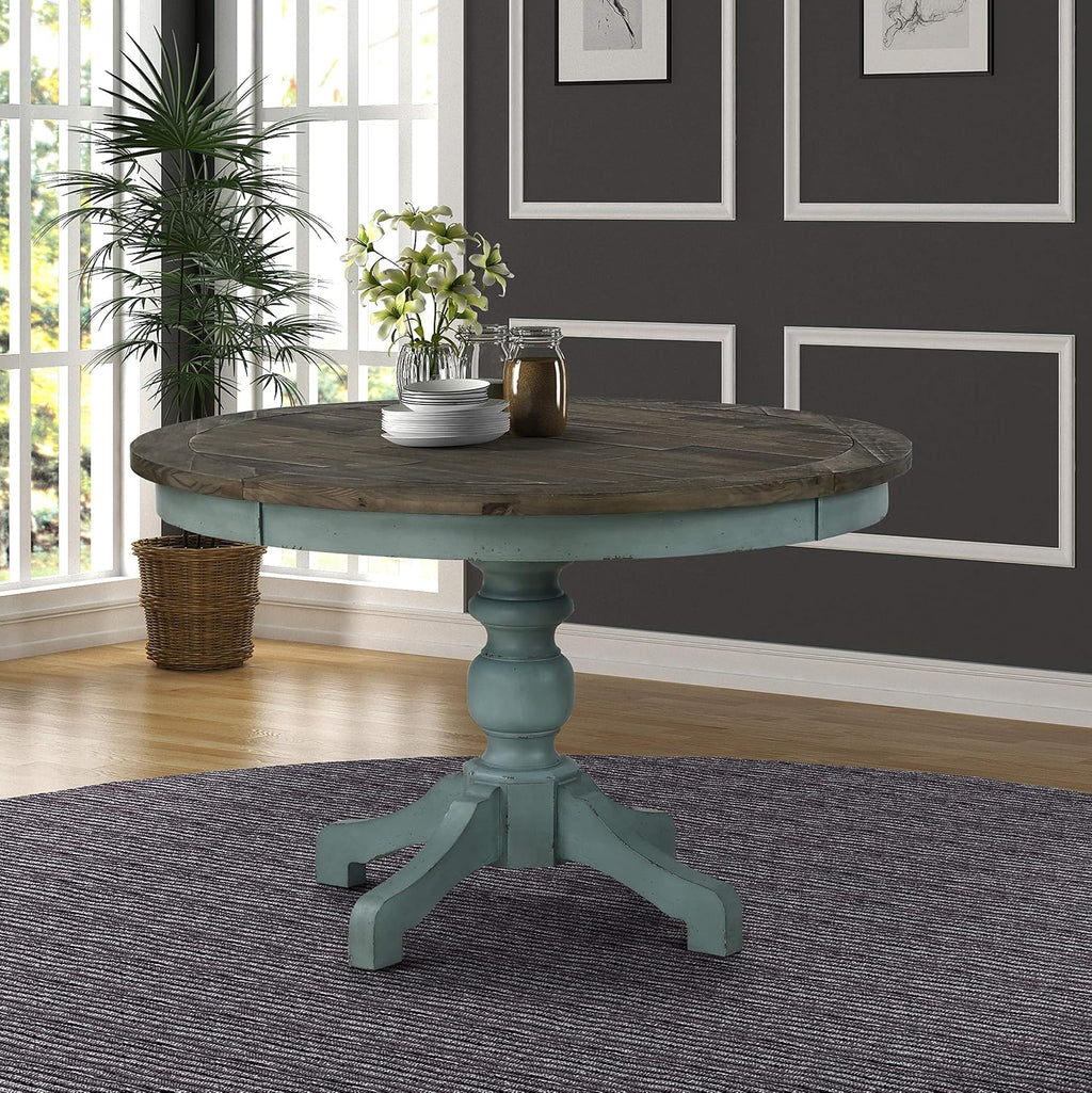 Roundhill Furniture Prato Round Two-Tone Finish Wood Dining Table, Blue and Brown
