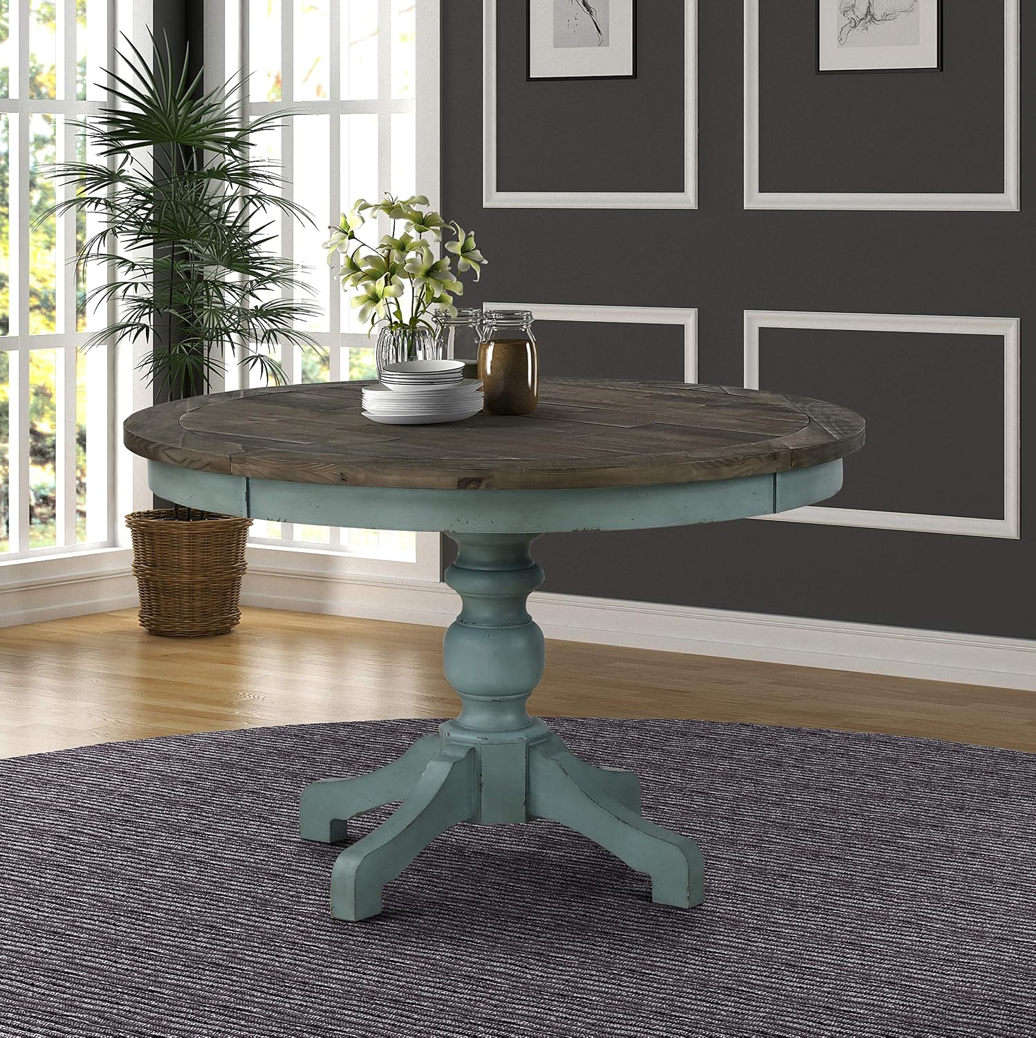 Roundhill Furniture Prato Round Two-Tone Finish Wood Dining Table, Blue and Brown