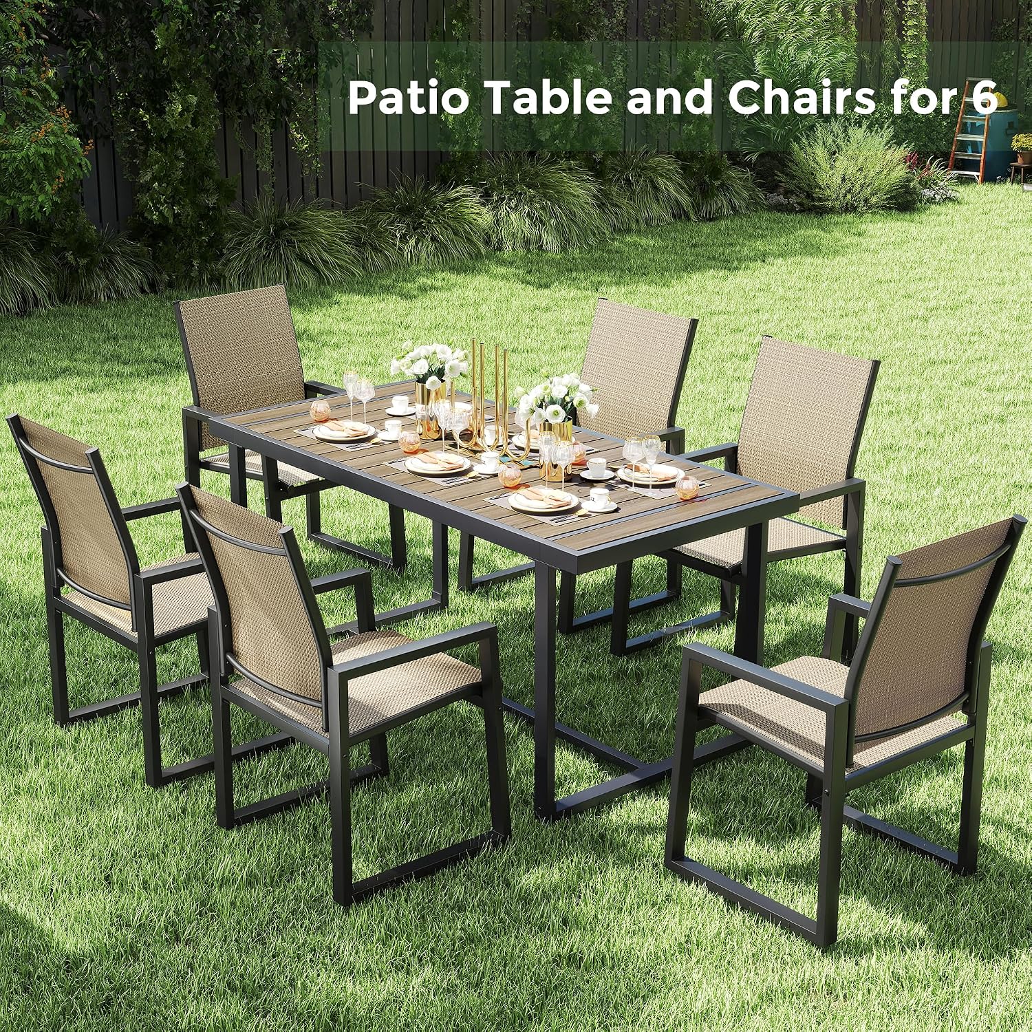 Jocoevol 7 Piece Patio Dining Set for 6, Outdoor Furniture Set Includes 67' Rectangle Patio Table and 6 Textilene Dining Chairs, Outdoor Table and Chairs for Outsides, Backyard, Garden and Poolside