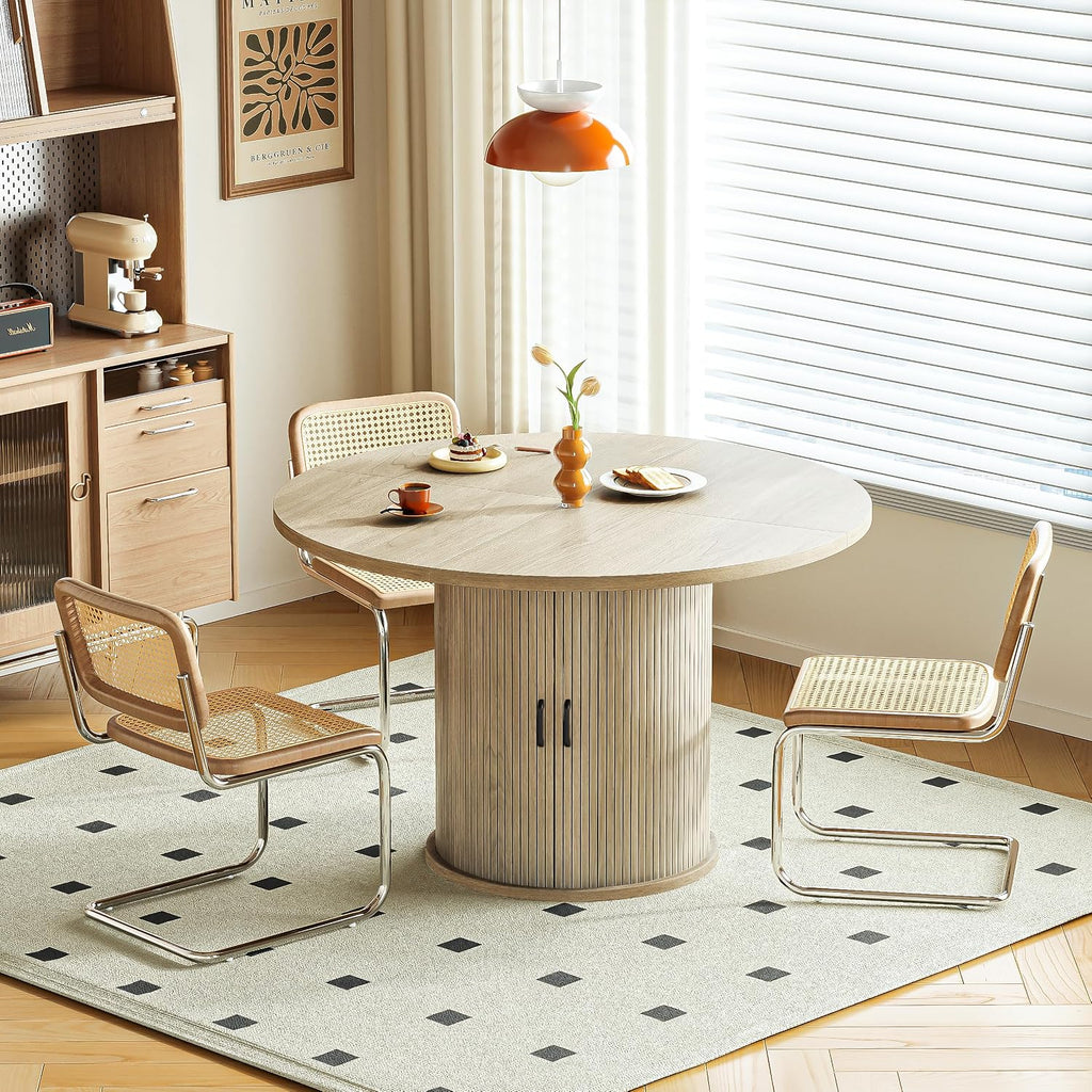 47 Inch Round Dining Table for 4-6 Round Table Kitchen Modern Round Dining Room Table with 2-Layer Storage Shelf and Wood Slide Door Circle Kitchen Tables for Dining Room Oak