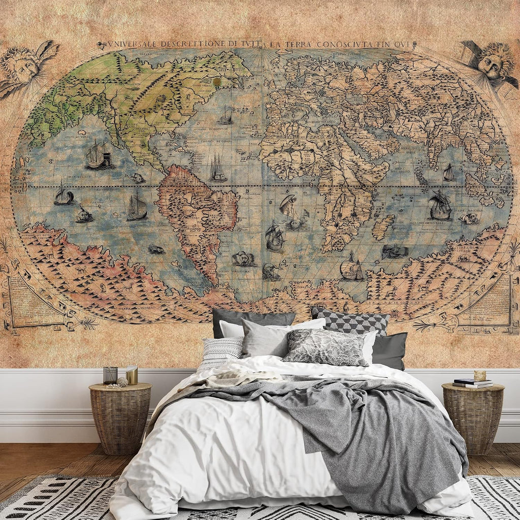 wall26 - Antique Map of The World - Complete with Sea Monster Illustrations - Wall Mural, Removable Sticker, Home Decor - 100x144 inches