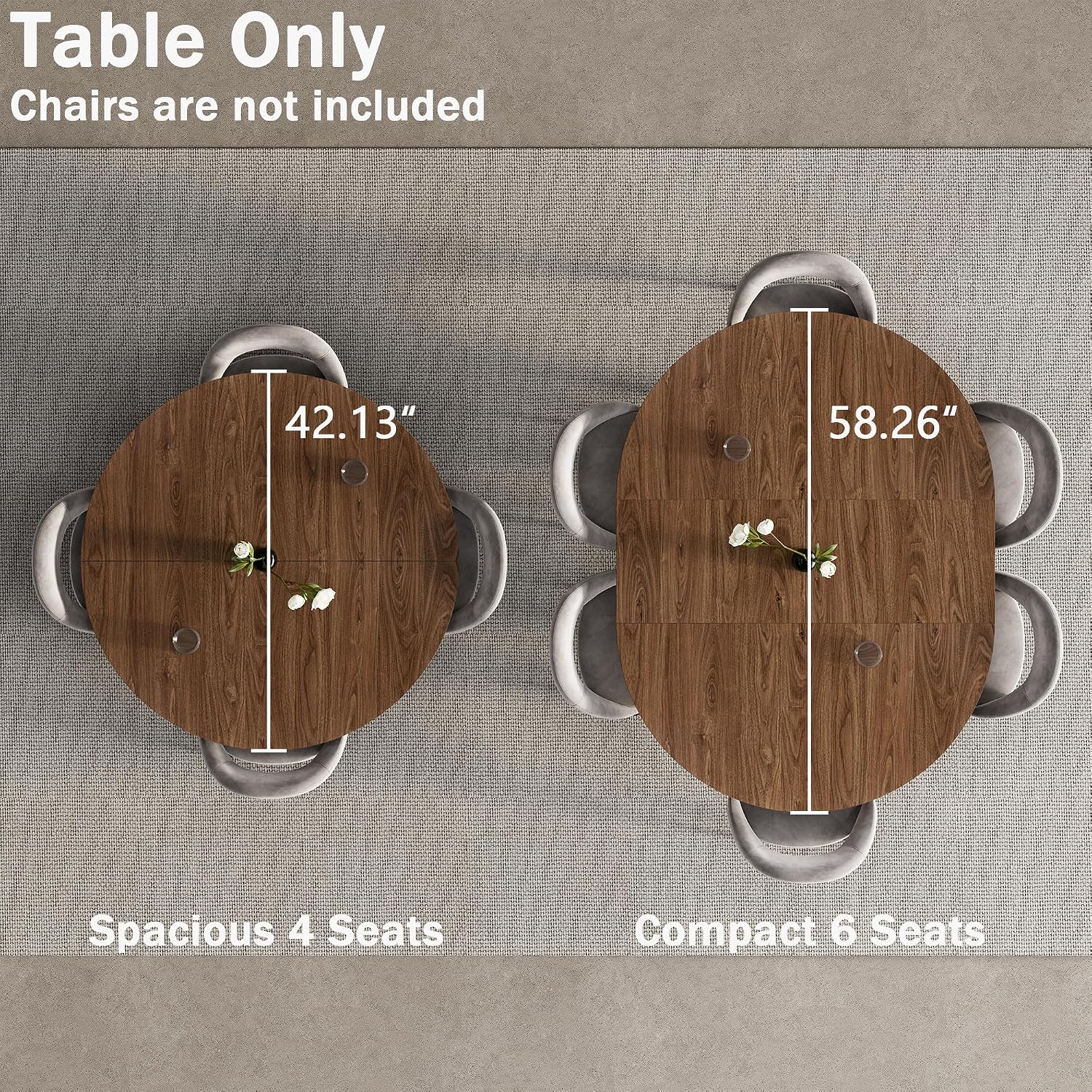 42'-58' Extendable Round Dining Table for 4-6, Kitchen Oval Table with Hidden Leaves & Storage Shelf, Space Saving Modern Design with Sturdy Metal Legs for Kitchen, Dining Room & Small Apartments