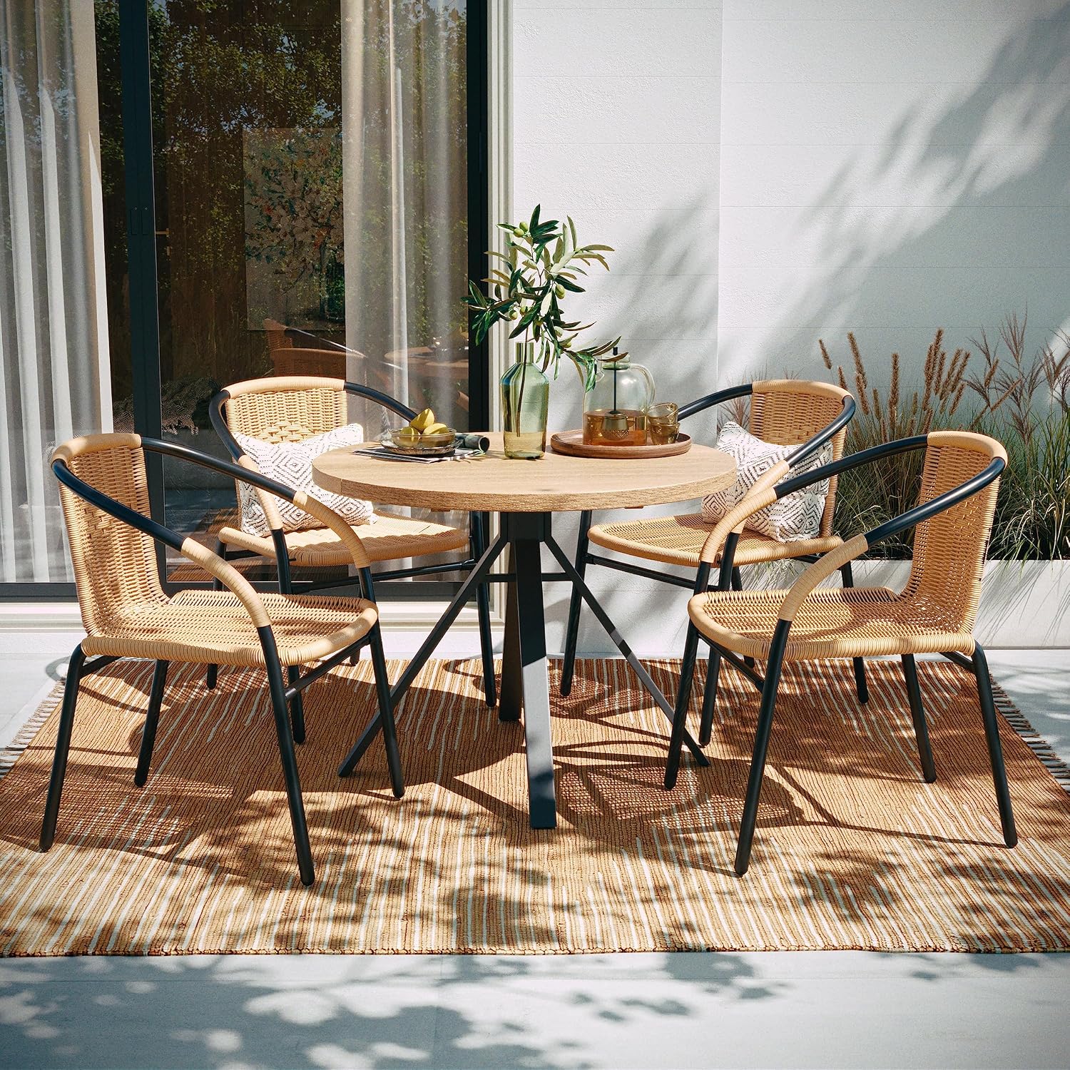 EMMA + OLIVER Set of 4 Modern PE Rattan Stack Chairs, Indoor/Outdoor Patio Dining Chairs, No Assembly Required, Beige