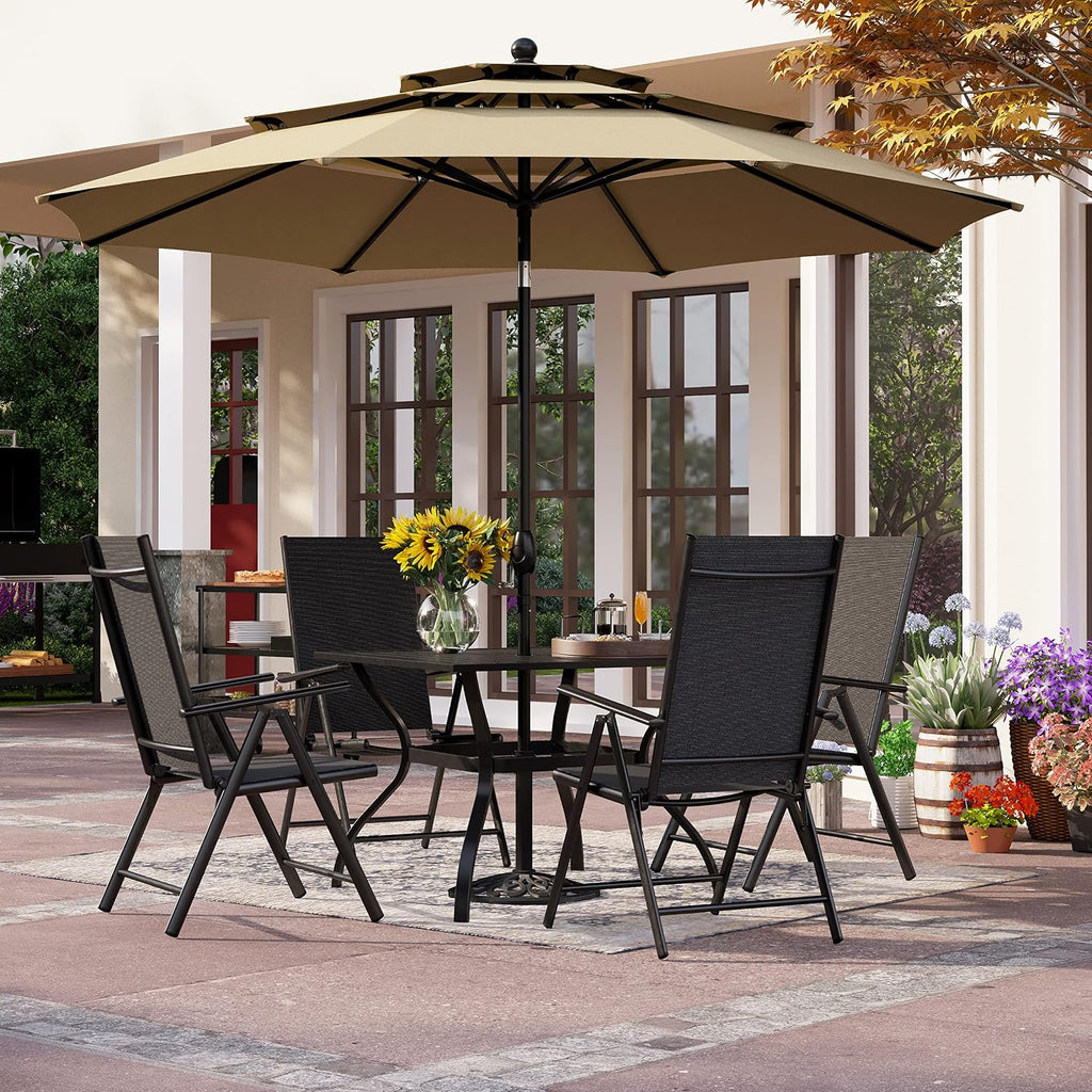 PHI VILLA 6 Piece Outdoor Dining Set with 10FT Umbrella (Beige), Patio Table and Chairs Set with Adjustable Folding Dining Chairs & Metal Square Table for Yard Garden Deck (No Umbrella Base)